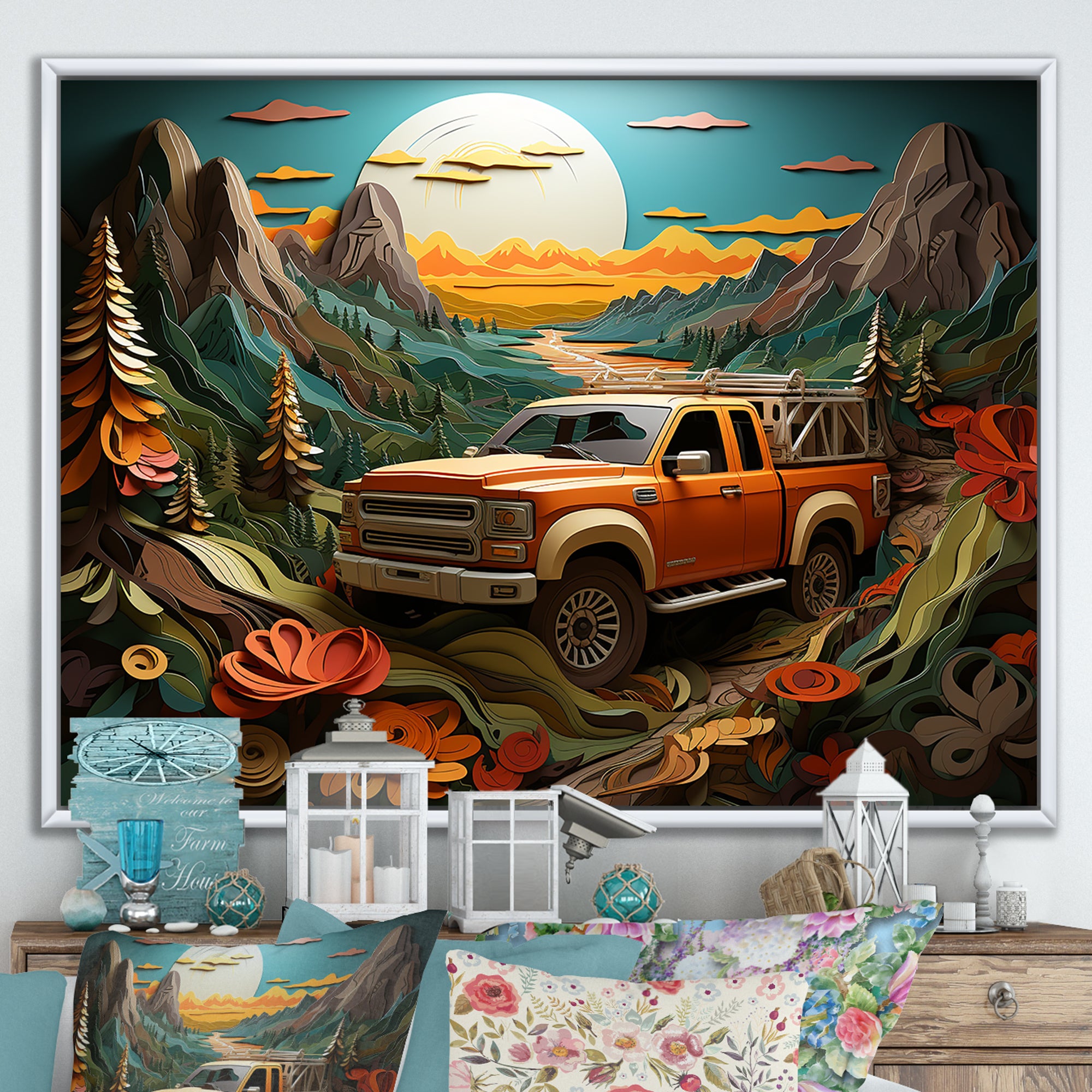 Orange Pickup Truck Offroad Adventures - Pickup Truck Canvas Wall Art