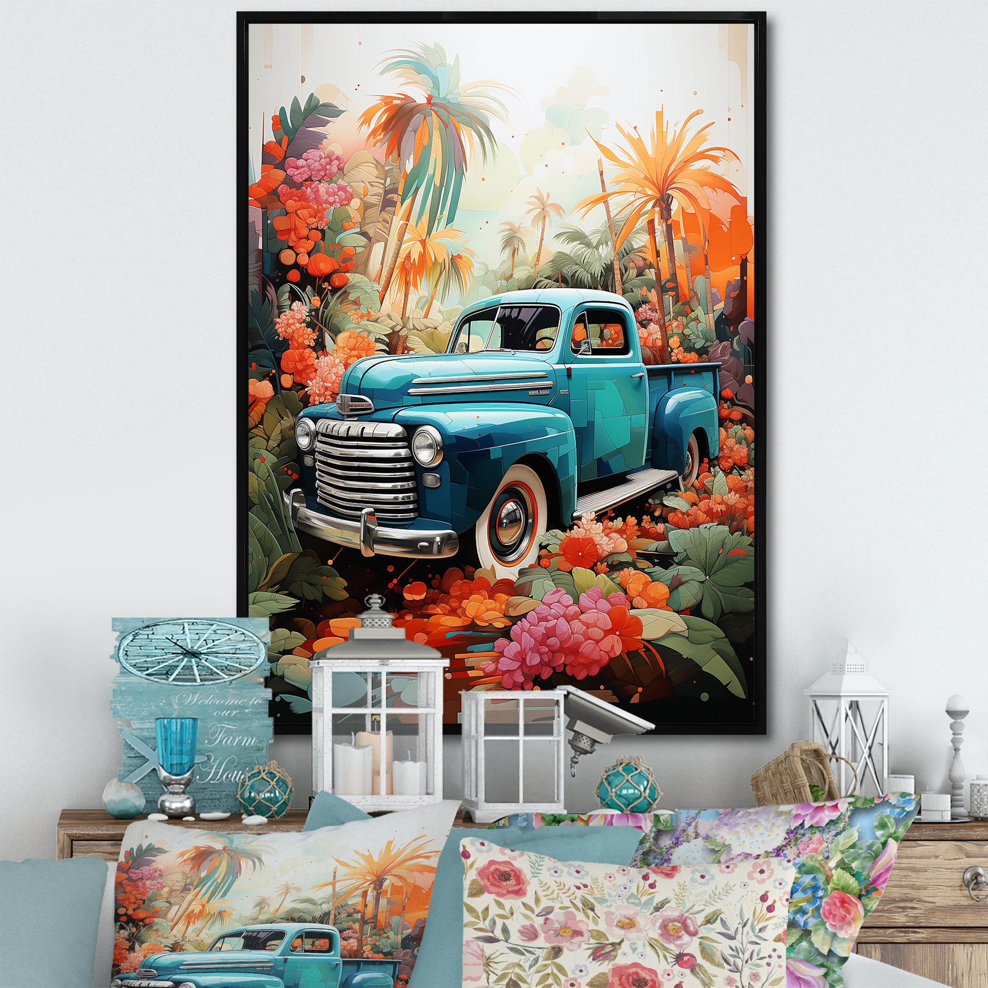Pickup Truck Tropical Legends - Pickup Truck Canvas Wall Art
