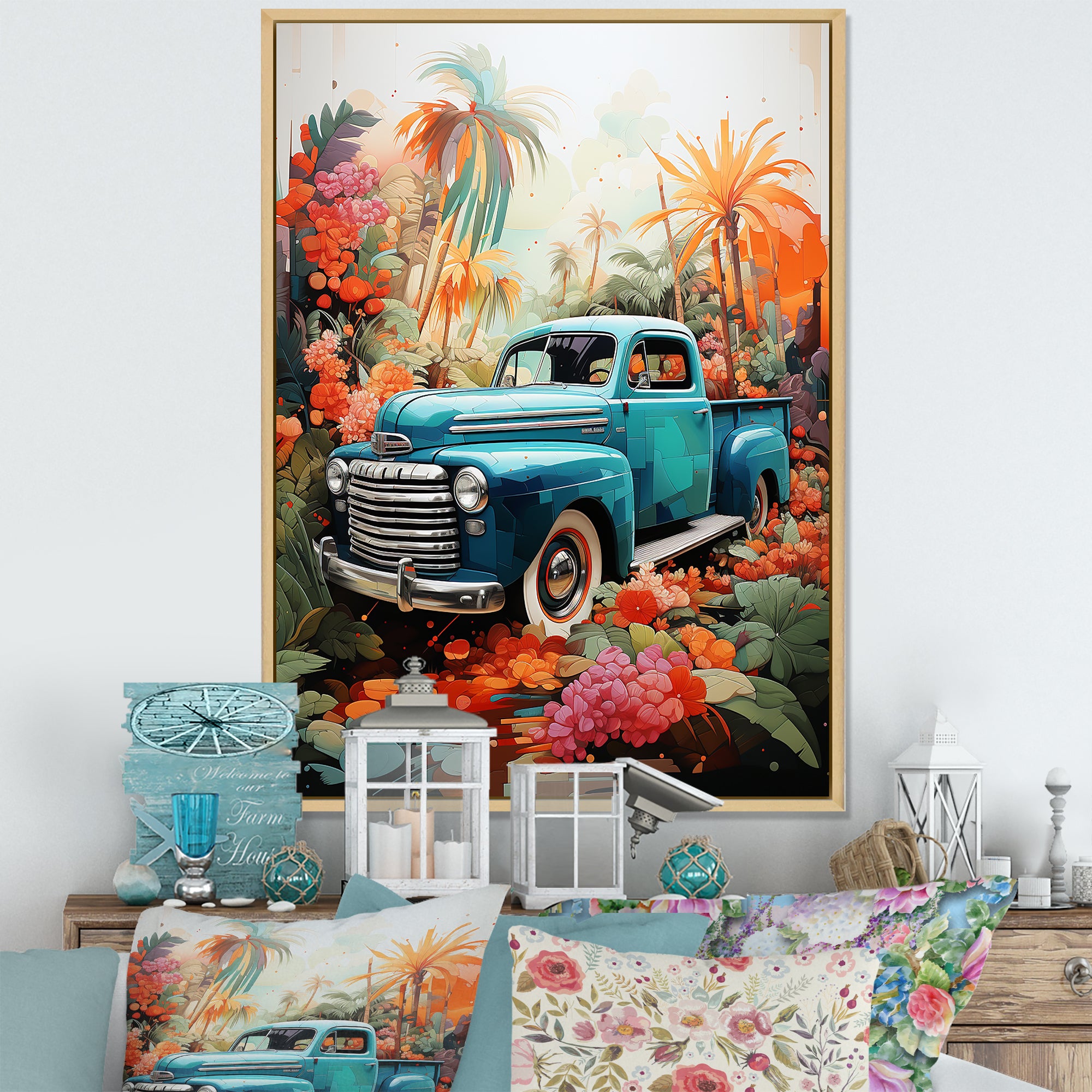 Pickup Truck Tropical Legends - Pickup Truck Canvas Wall Art