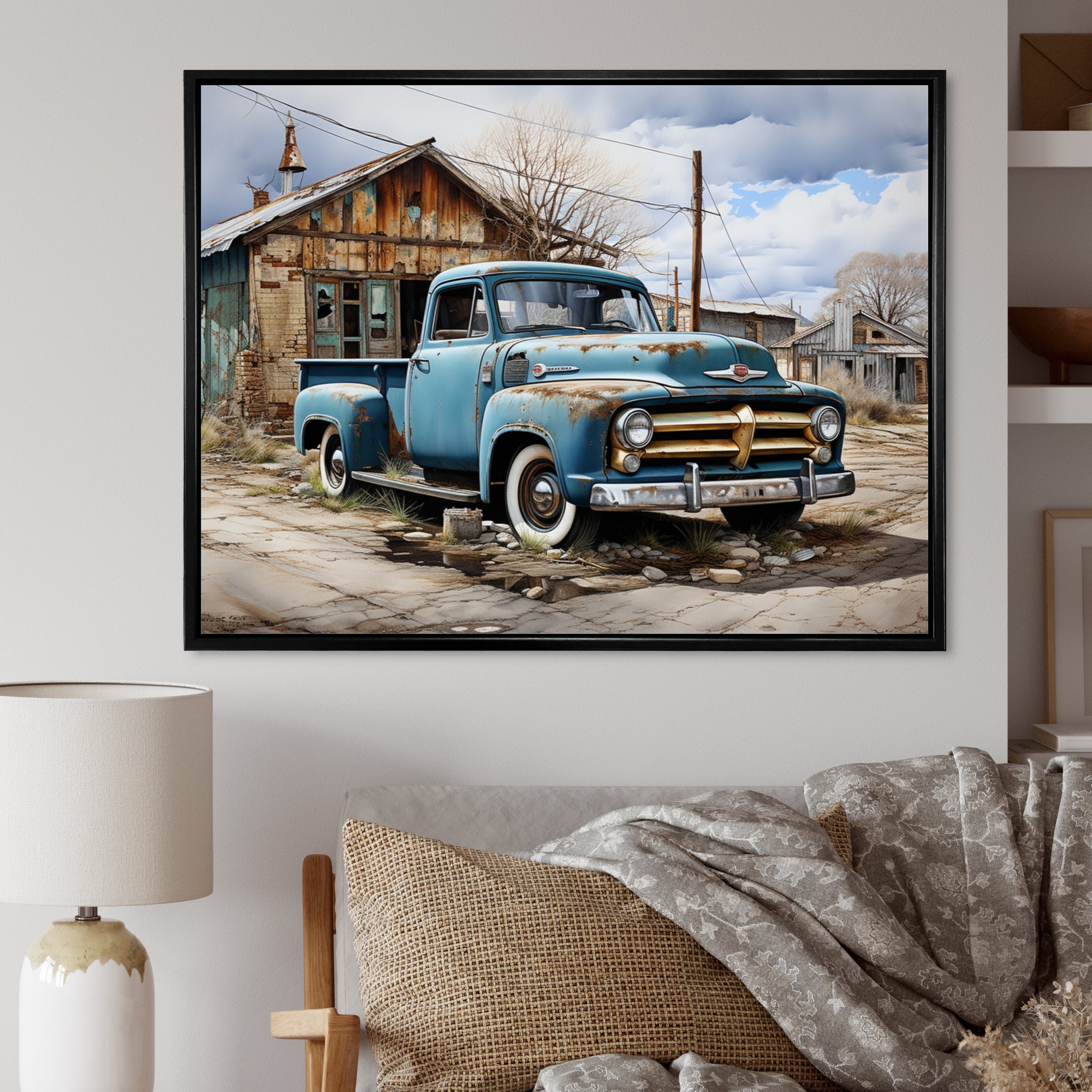 Blue Pickup Truck Roadside Nostalgia - Pickup Truck Canvas Wall Art
