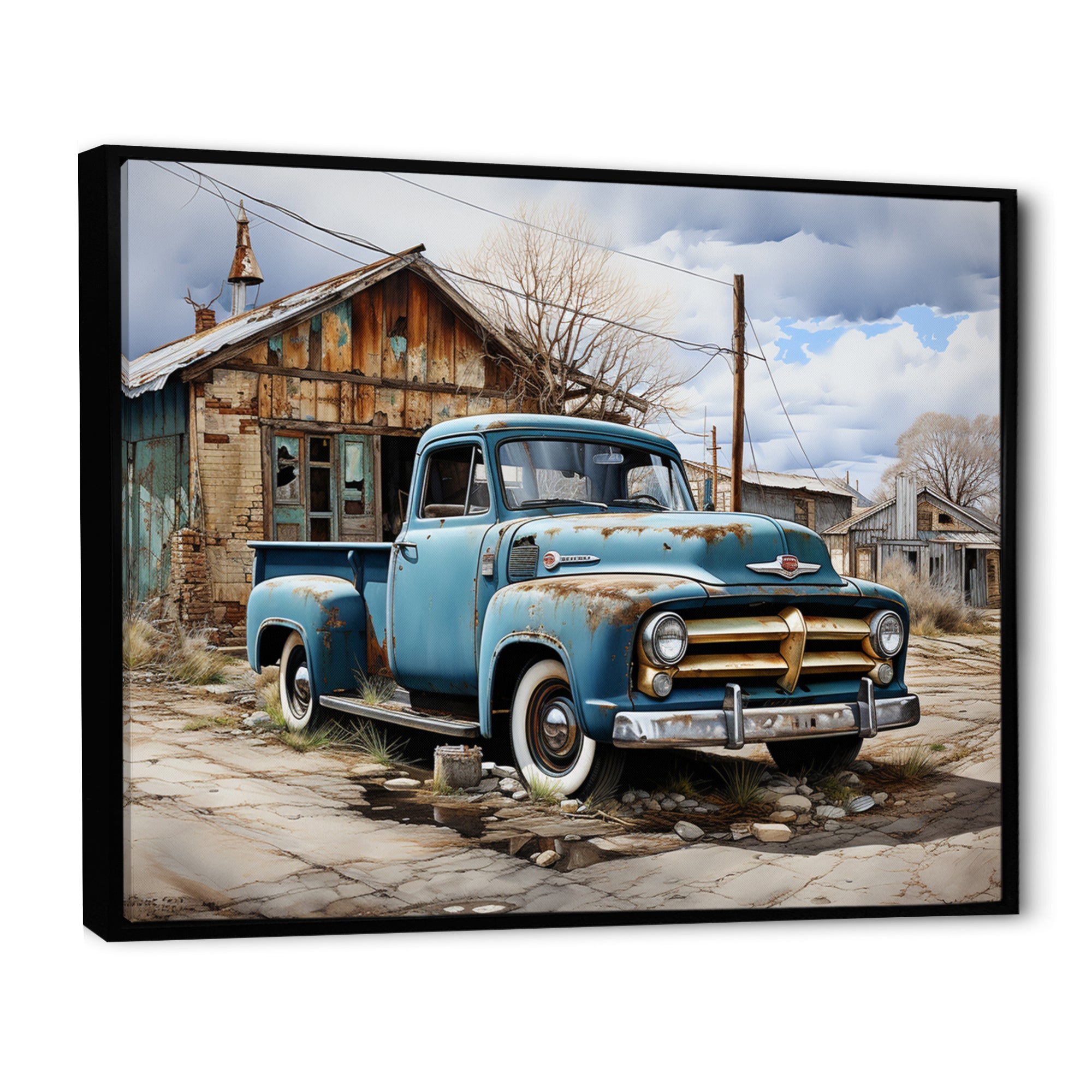 Blue Pickup Truck Roadside Nostalgia - Pickup Truck Canvas Wall Art