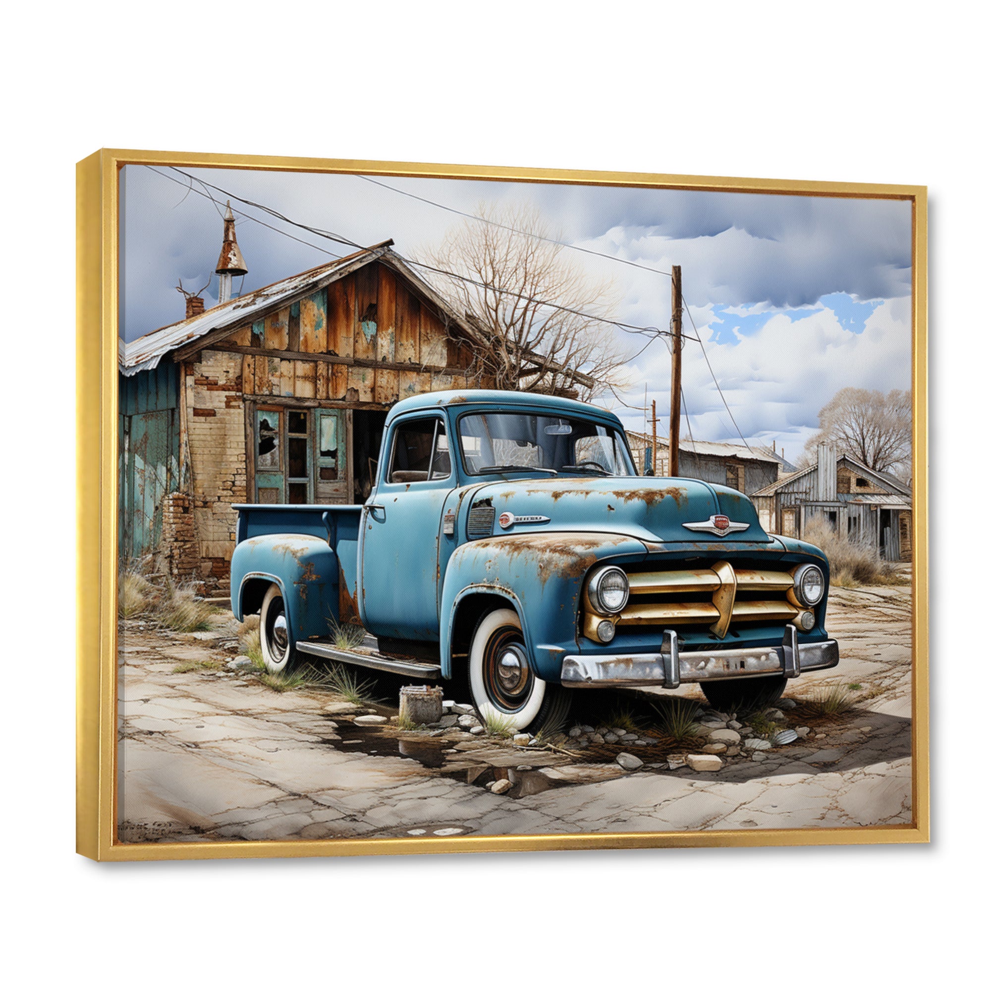 Blue Pickup Truck Roadside Nostalgia - Pickup Truck Canvas Wall Art