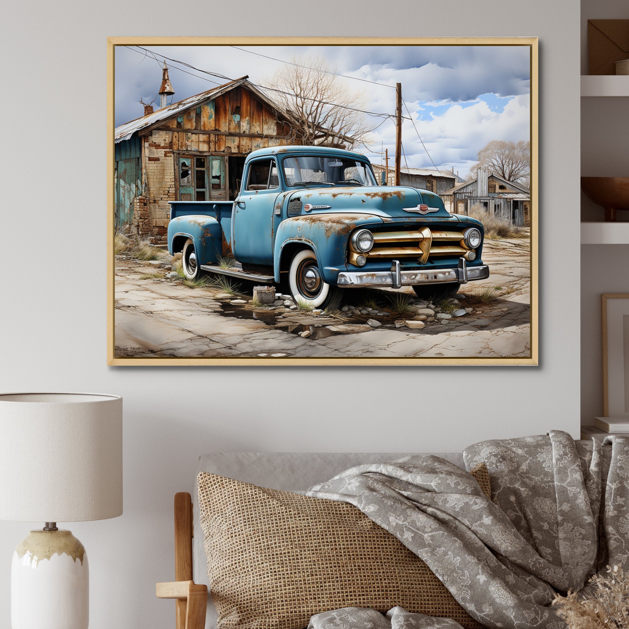 Blue Pickup Truck Roadside Nostalgia - Pickup Truck Canvas Wall Art