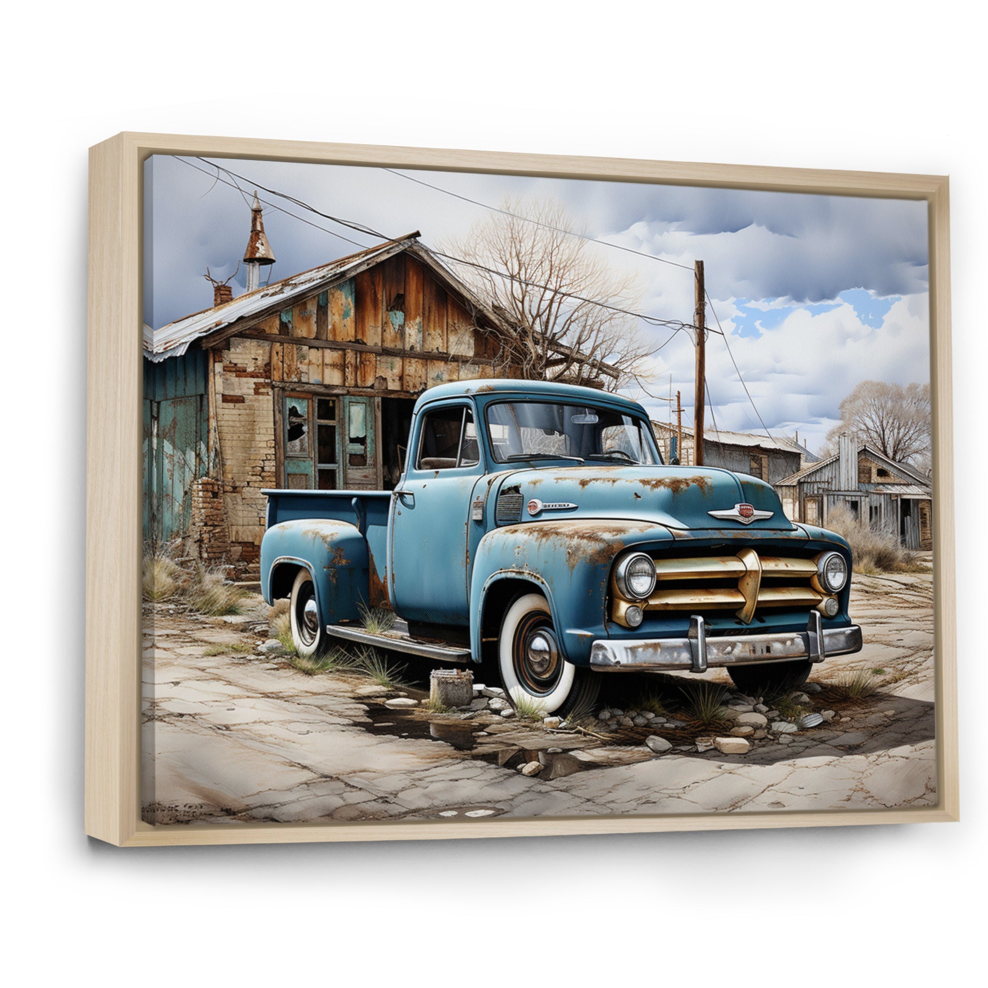 Blue Pickup Truck Roadside Nostalgia - Pickup Truck Canvas Wall Art