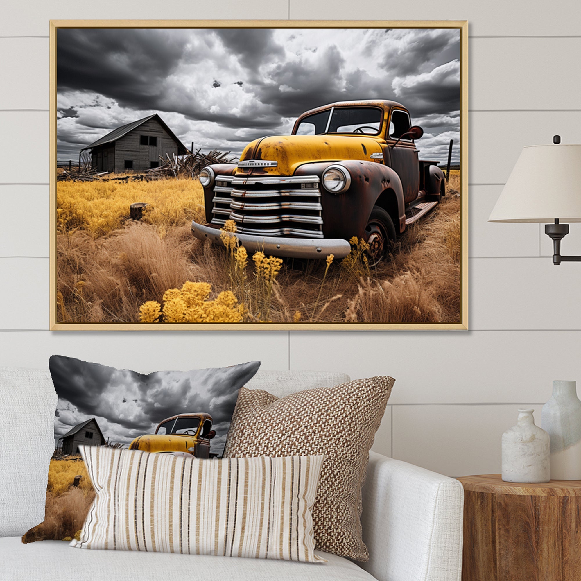 Yellow Pickup Truck Rustic Rides I - Pickup Truck Canvas Wall Art