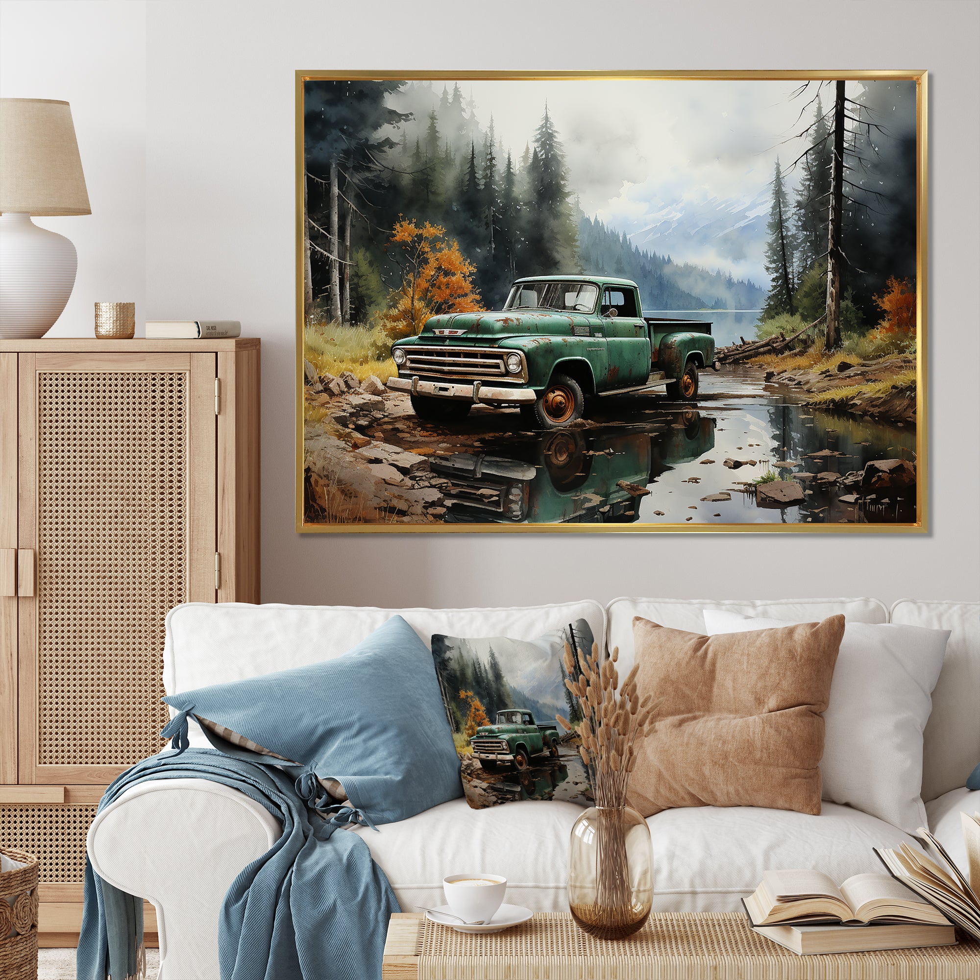 Pickup Truck Tranquil Lakeside I - Pickup Truck Canvas Wall Art