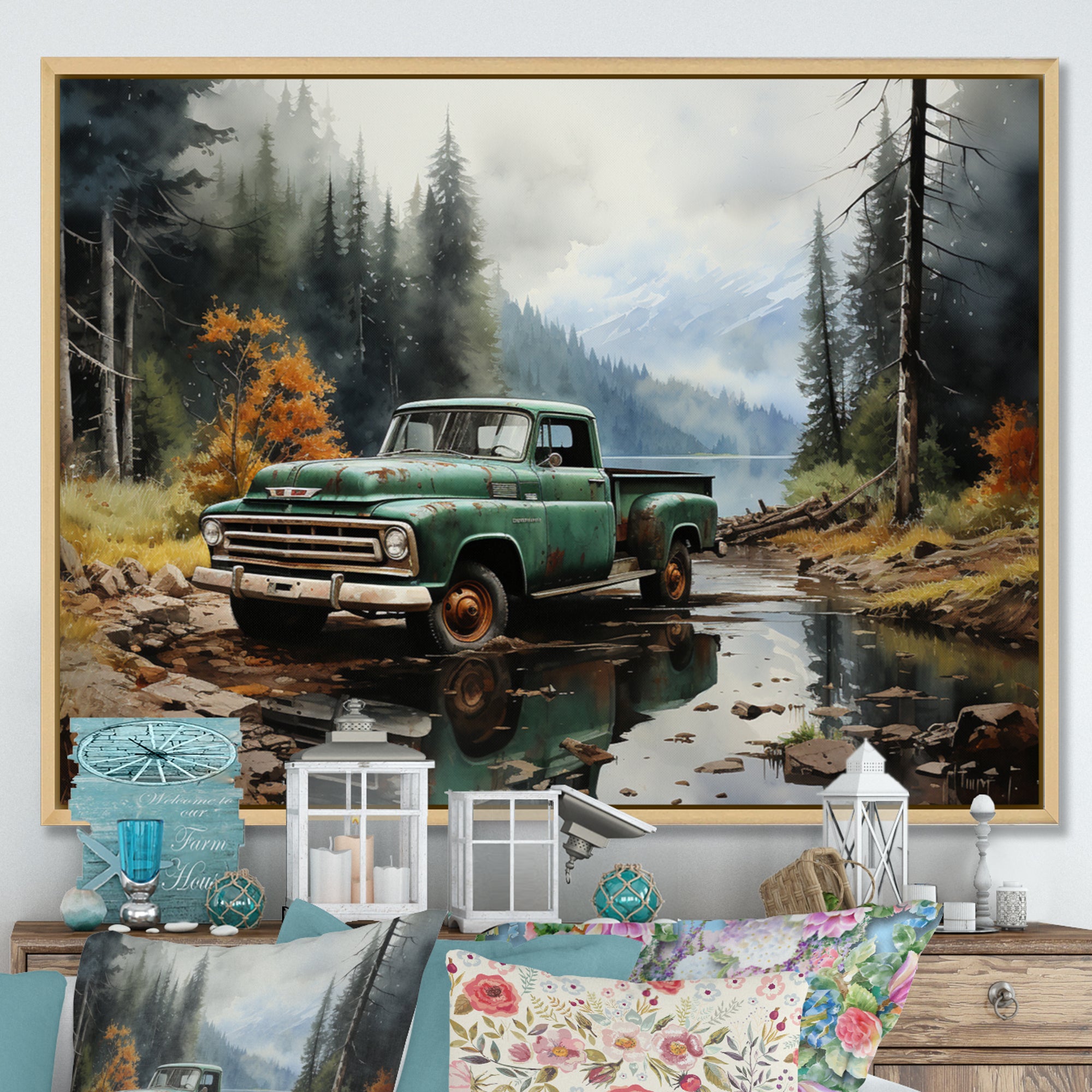 Pickup Truck Tranquil Lakeside I - Pickup Truck Canvas Wall Art