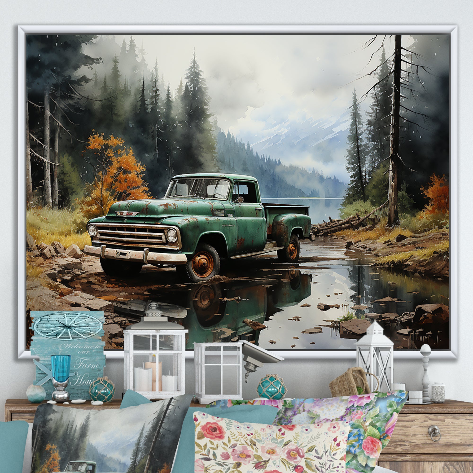 Pickup Truck Tranquil Lakeside I - Pickup Truck Canvas Wall Art
