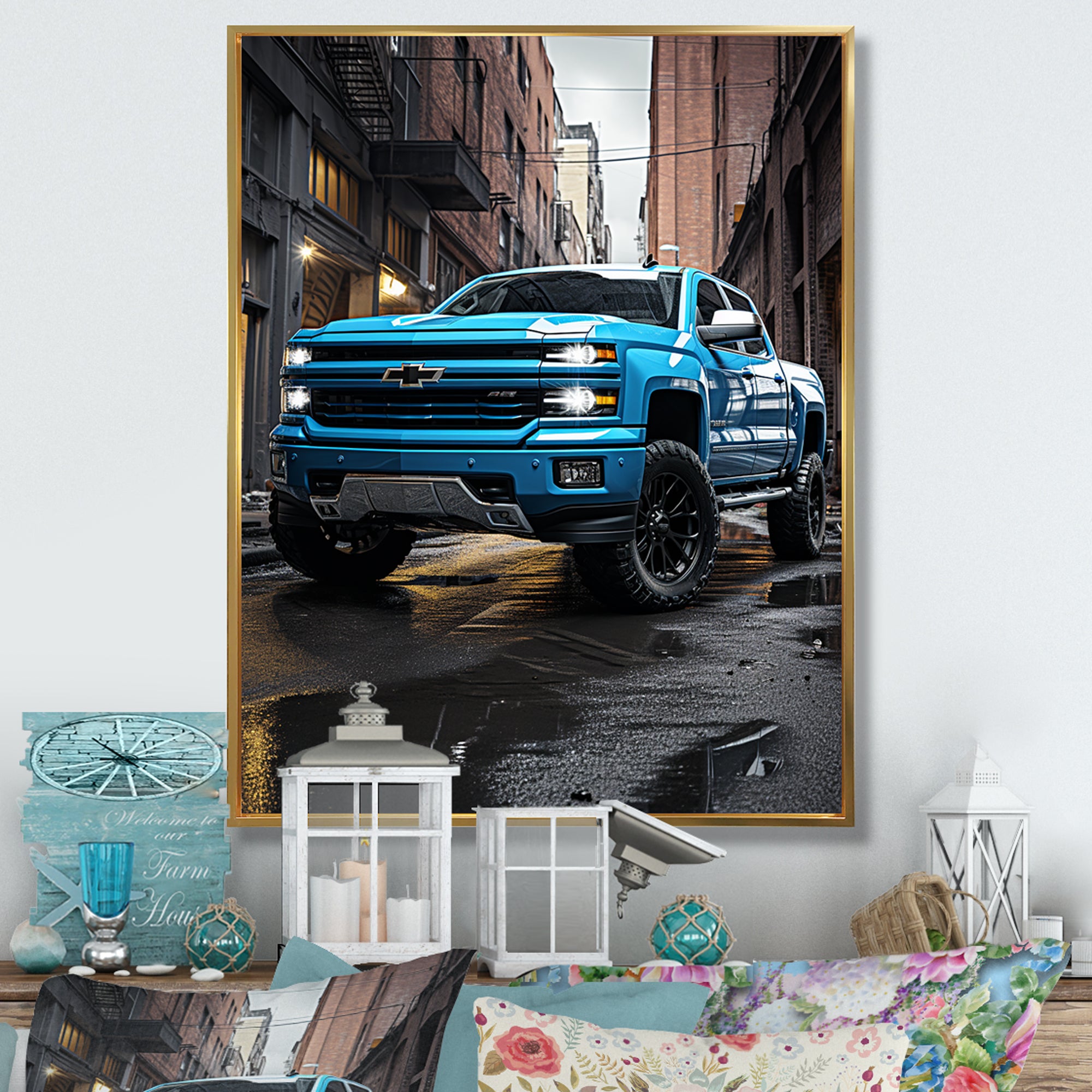 Teal Pickup Truck Urban Explorers - Pickup Truck Canvas Wall Art