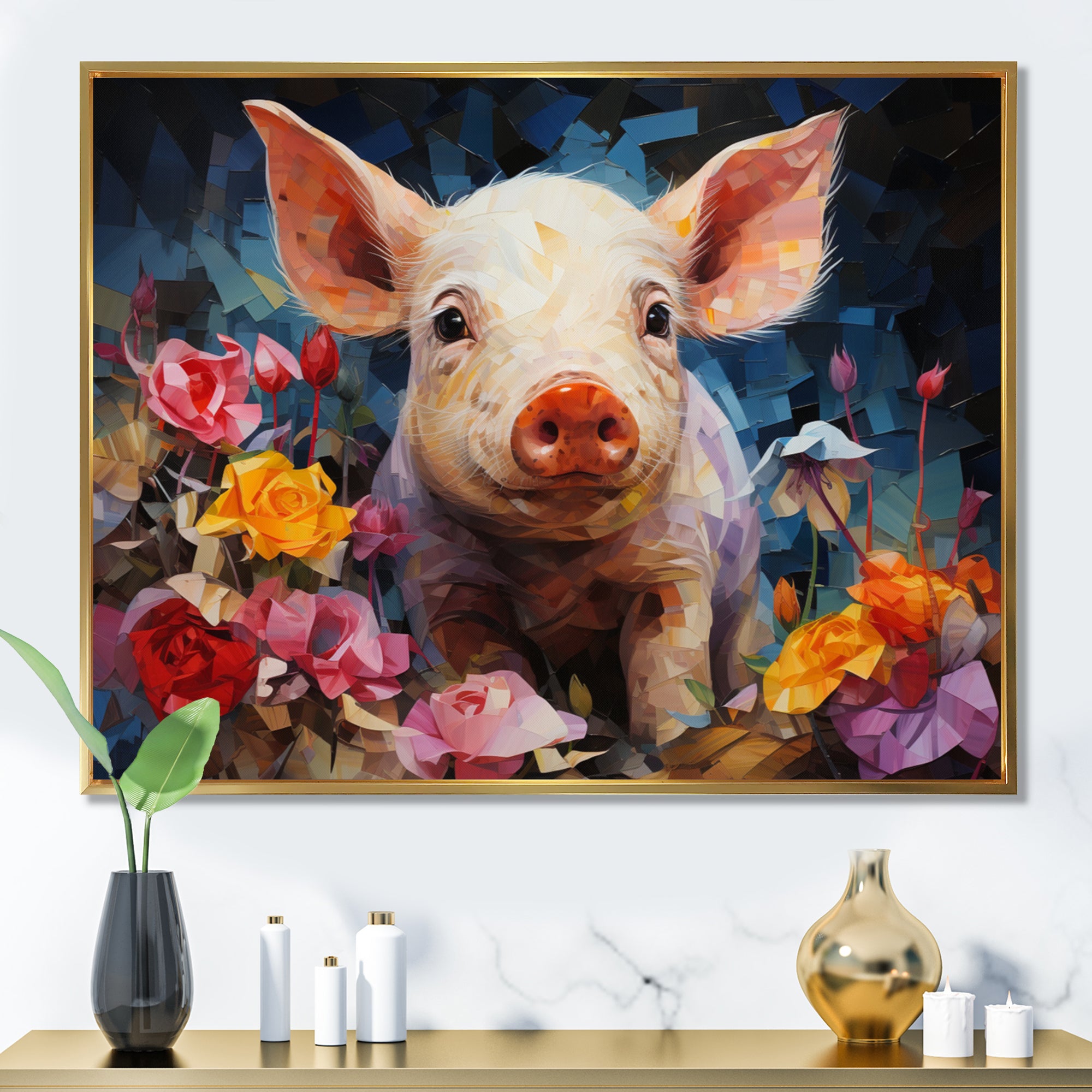 Pink Curious Piglet Collage - Pink Pig Wall Art