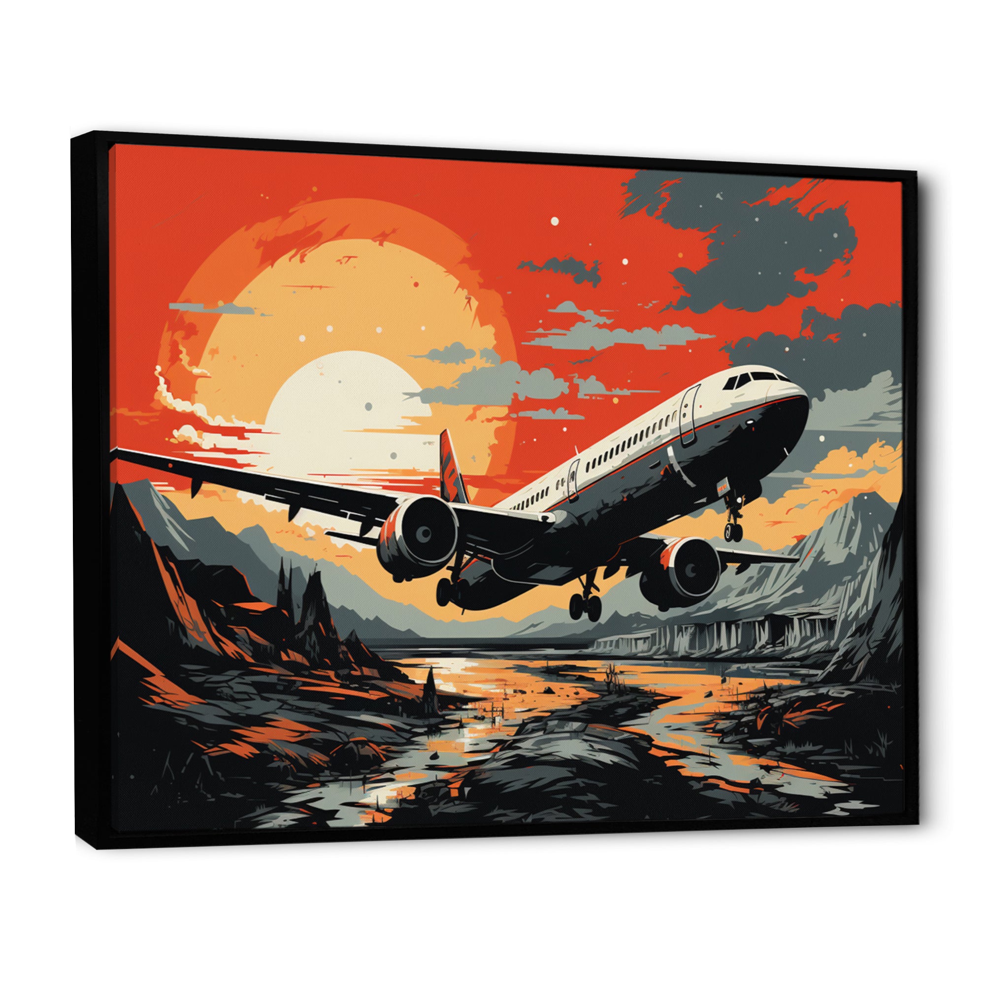 Orange Sunset Overs The Plane Flight - Plane Canvas Wall Art