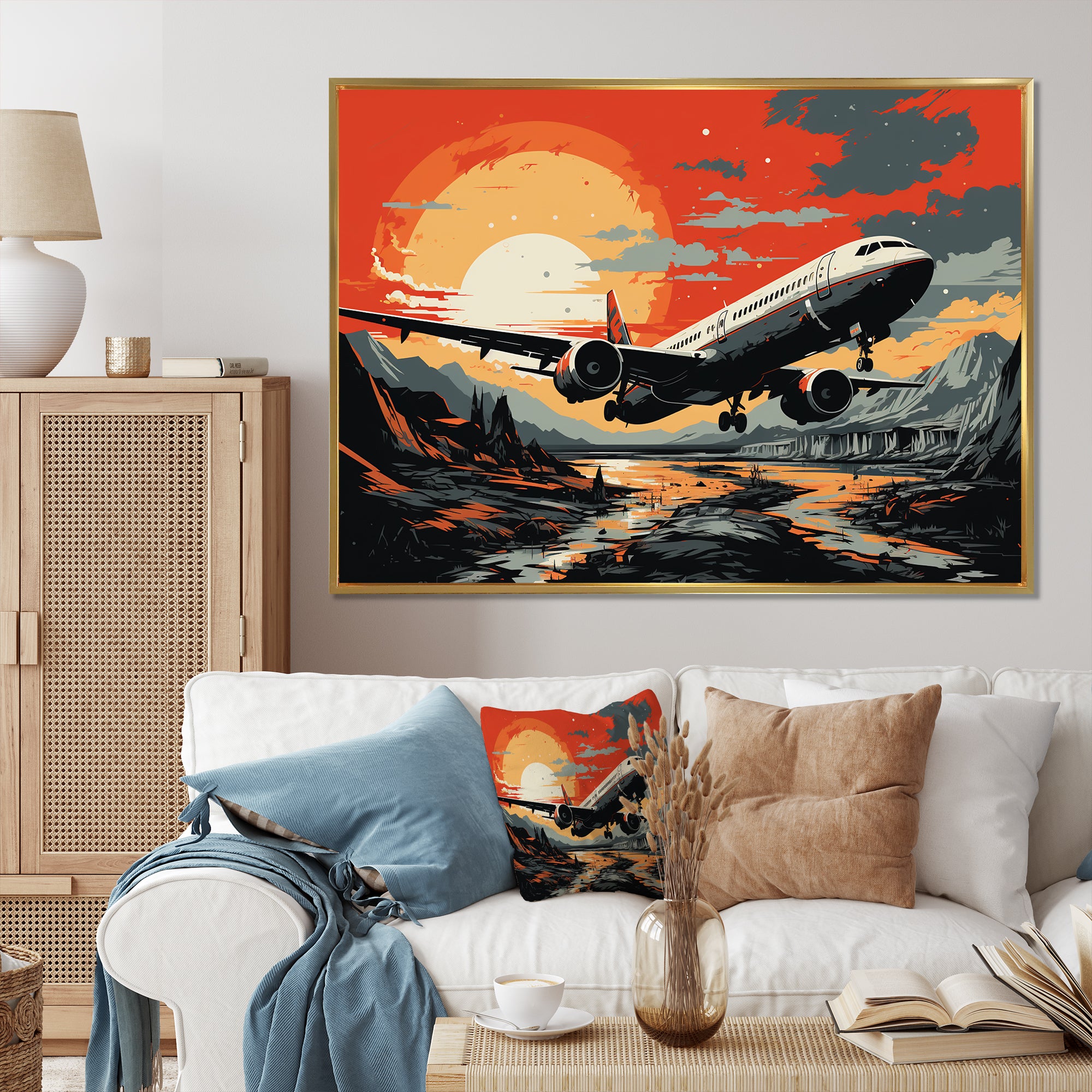 Orange Sunset Overs The Plane Flight - Plane Canvas Wall Art