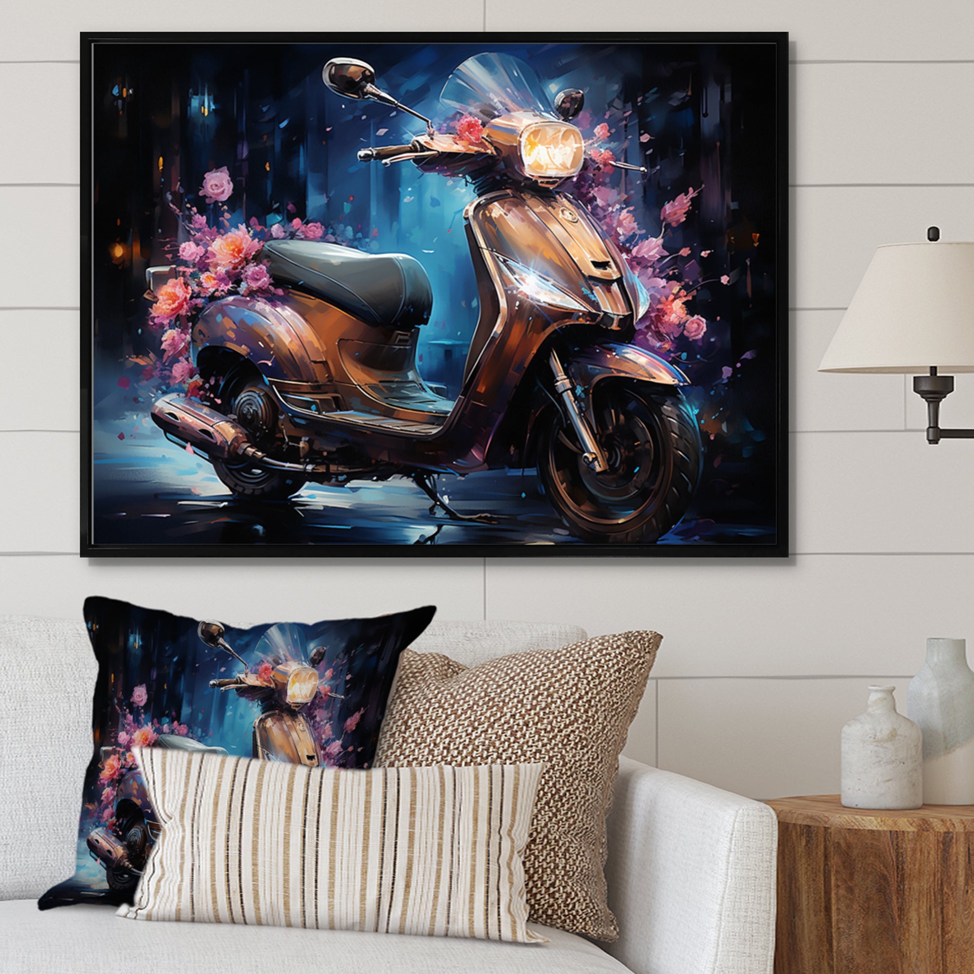 Teal Gold Scooter Night Glow - Scooter Canvas Wall Art
