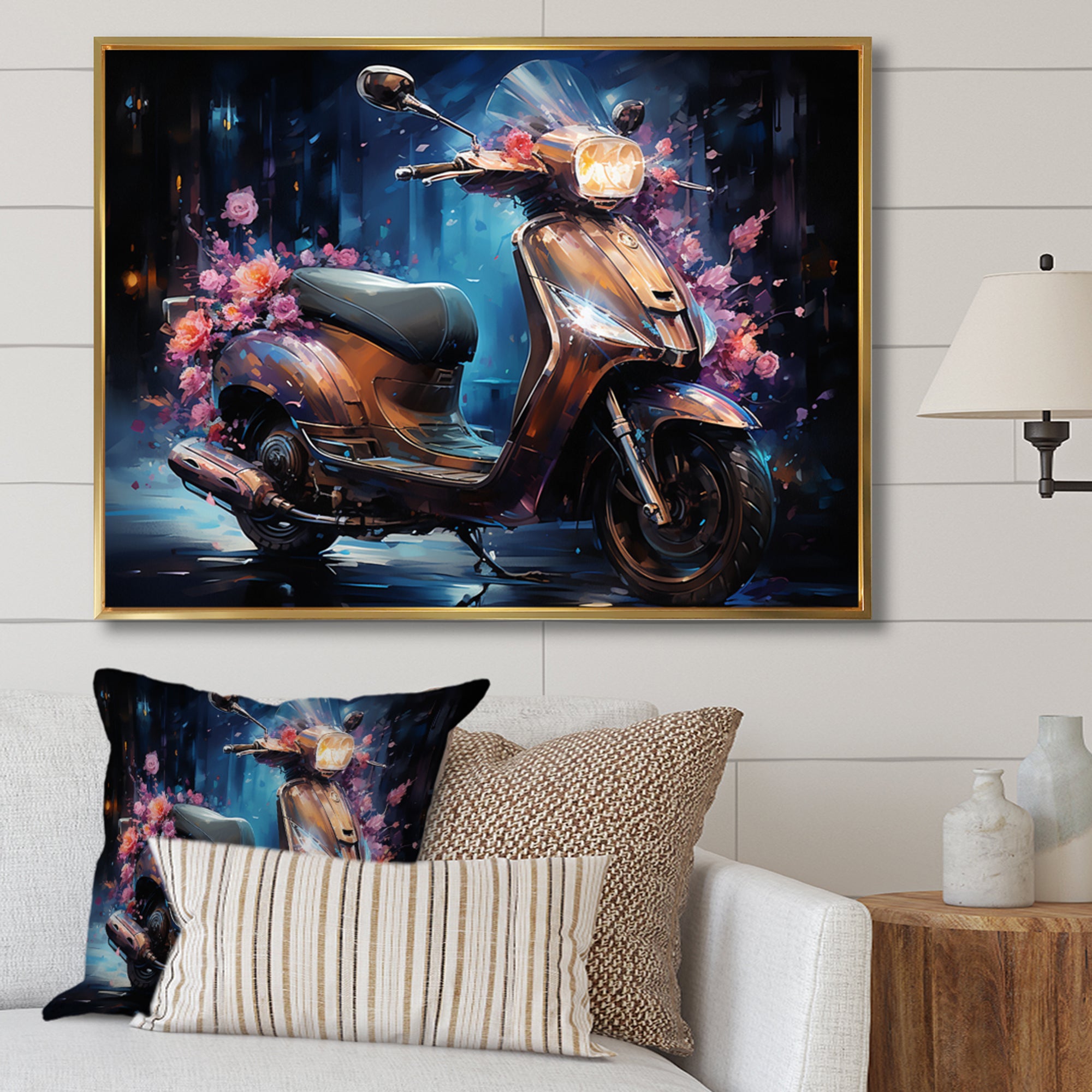 Teal Gold Scooter Night Glow - Scooter Canvas Wall Art