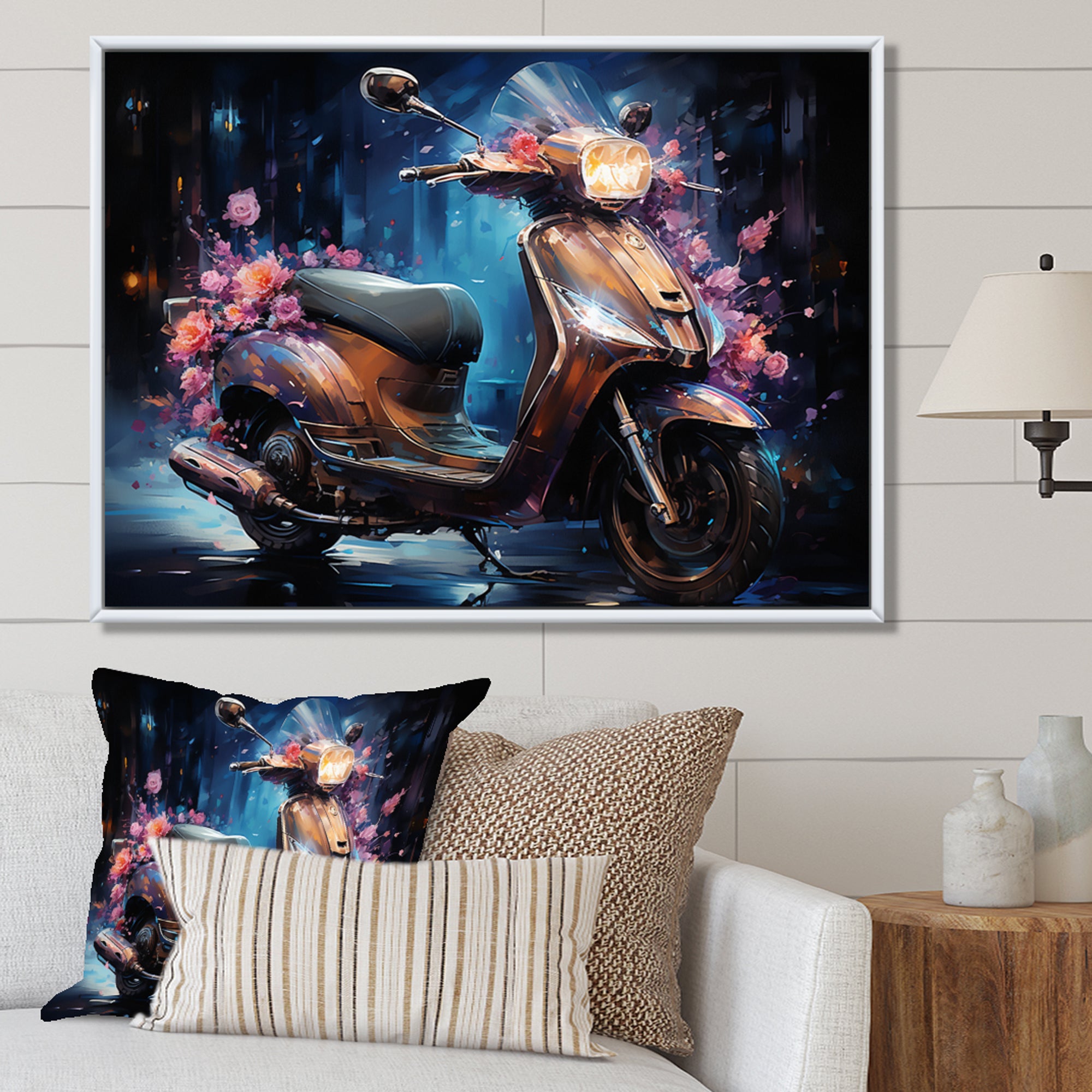 Teal Gold Scooter Night Glow - Scooter Canvas Wall Art