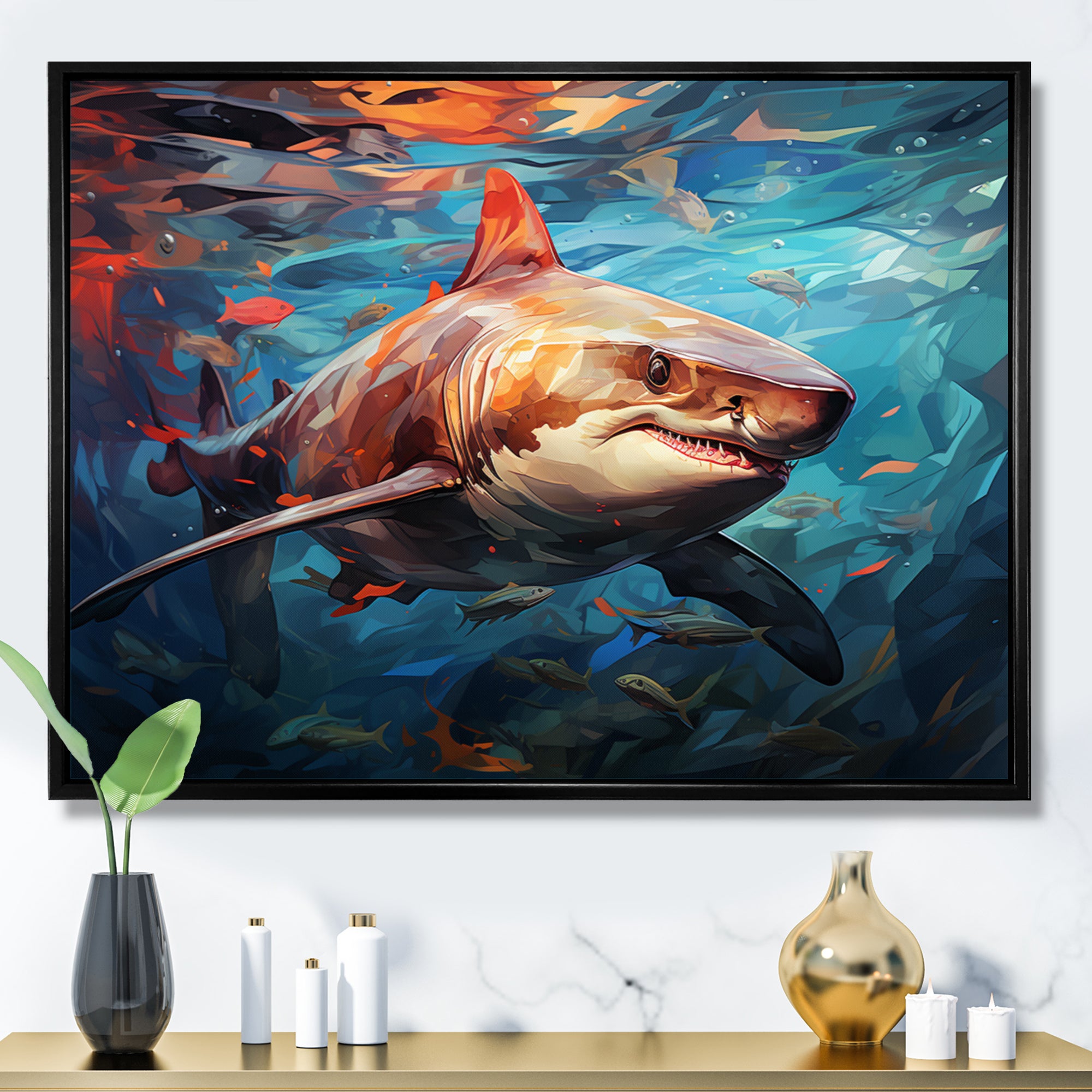 Teal Shark Oceans Dance Geometric - Teal Shark Wall Art