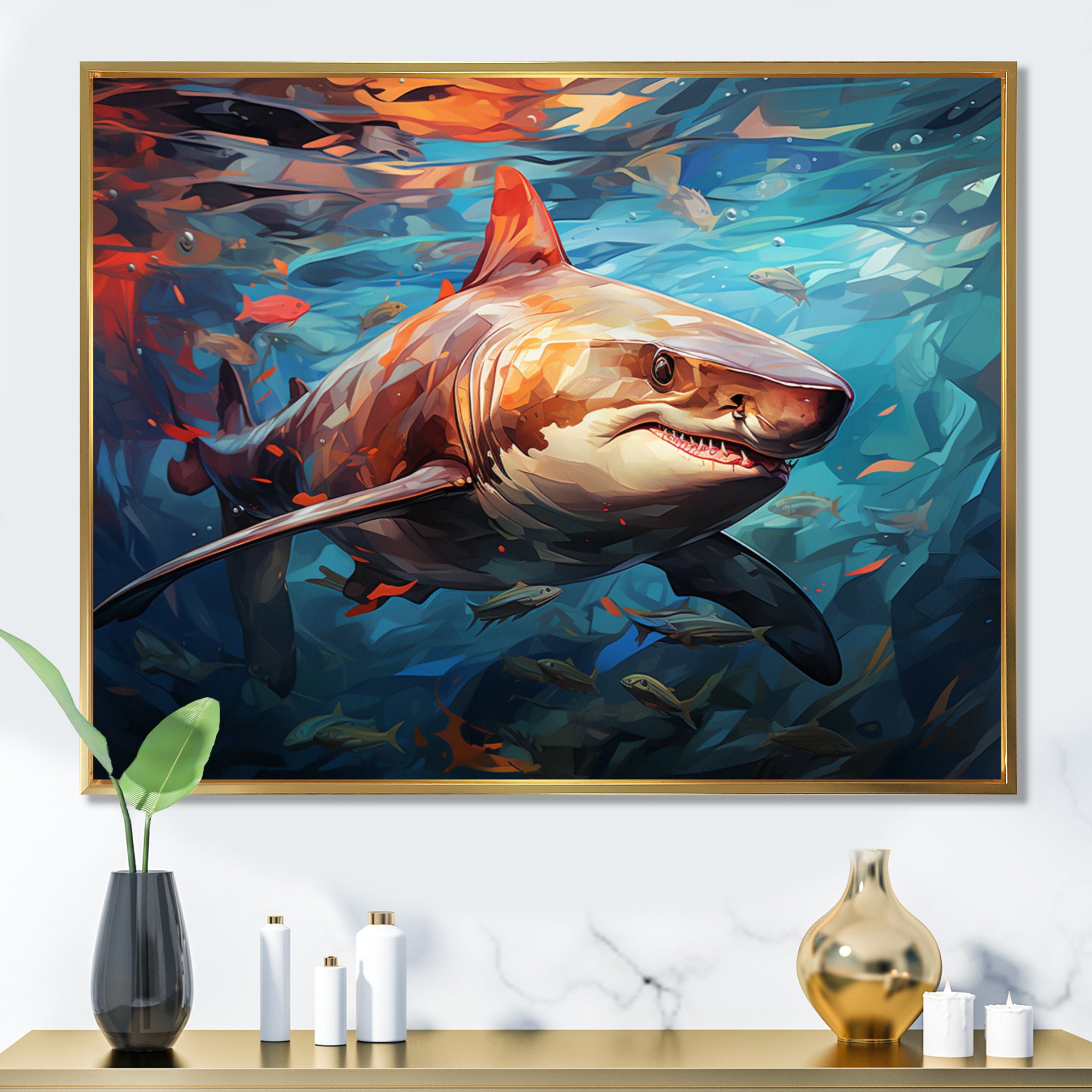 Teal Shark Oceans Dance Geometric - Teal Shark Wall Art