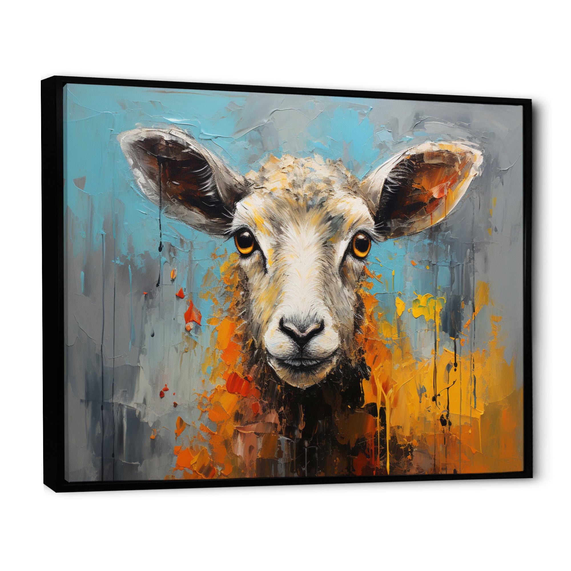 Teal Palette Knife Sheep - Sheep Framed Canvas Art