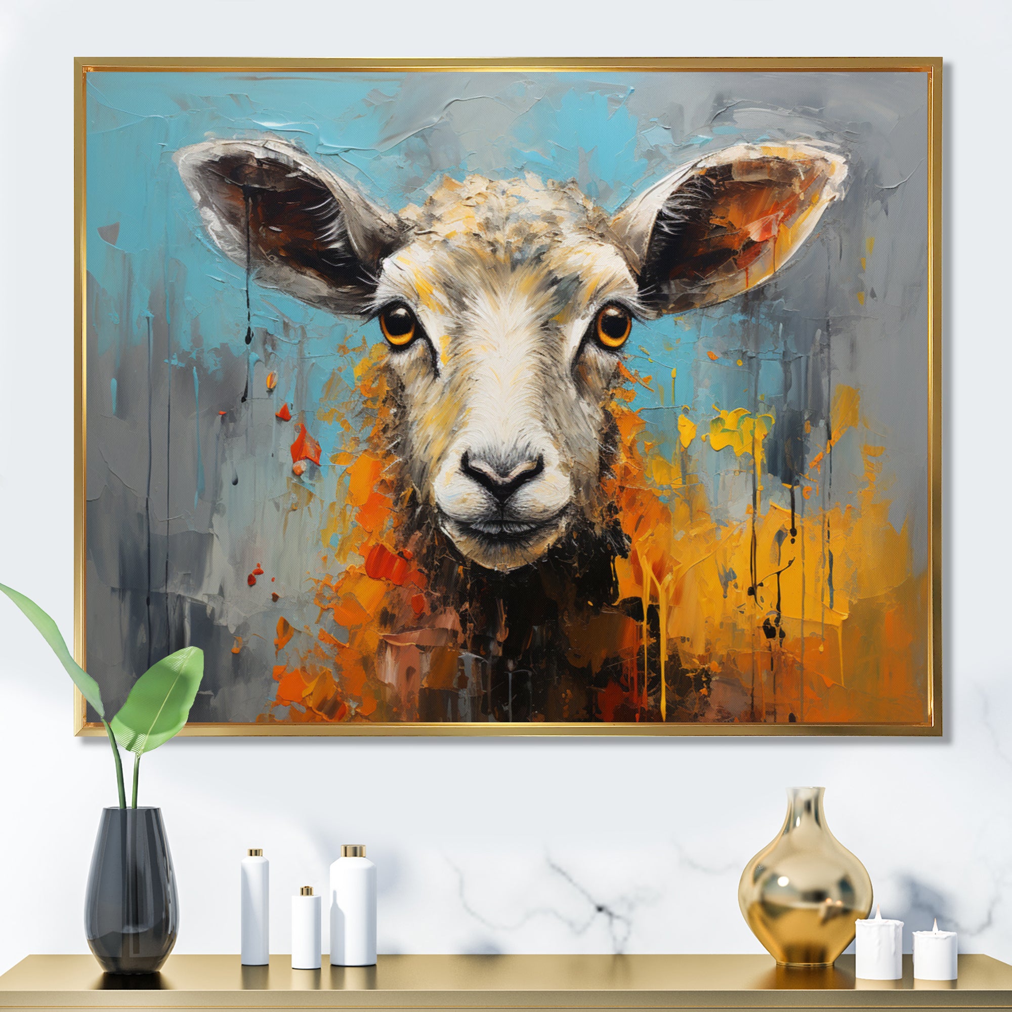 Teal Palette Knife Sheep - Sheep Framed Canvas Art