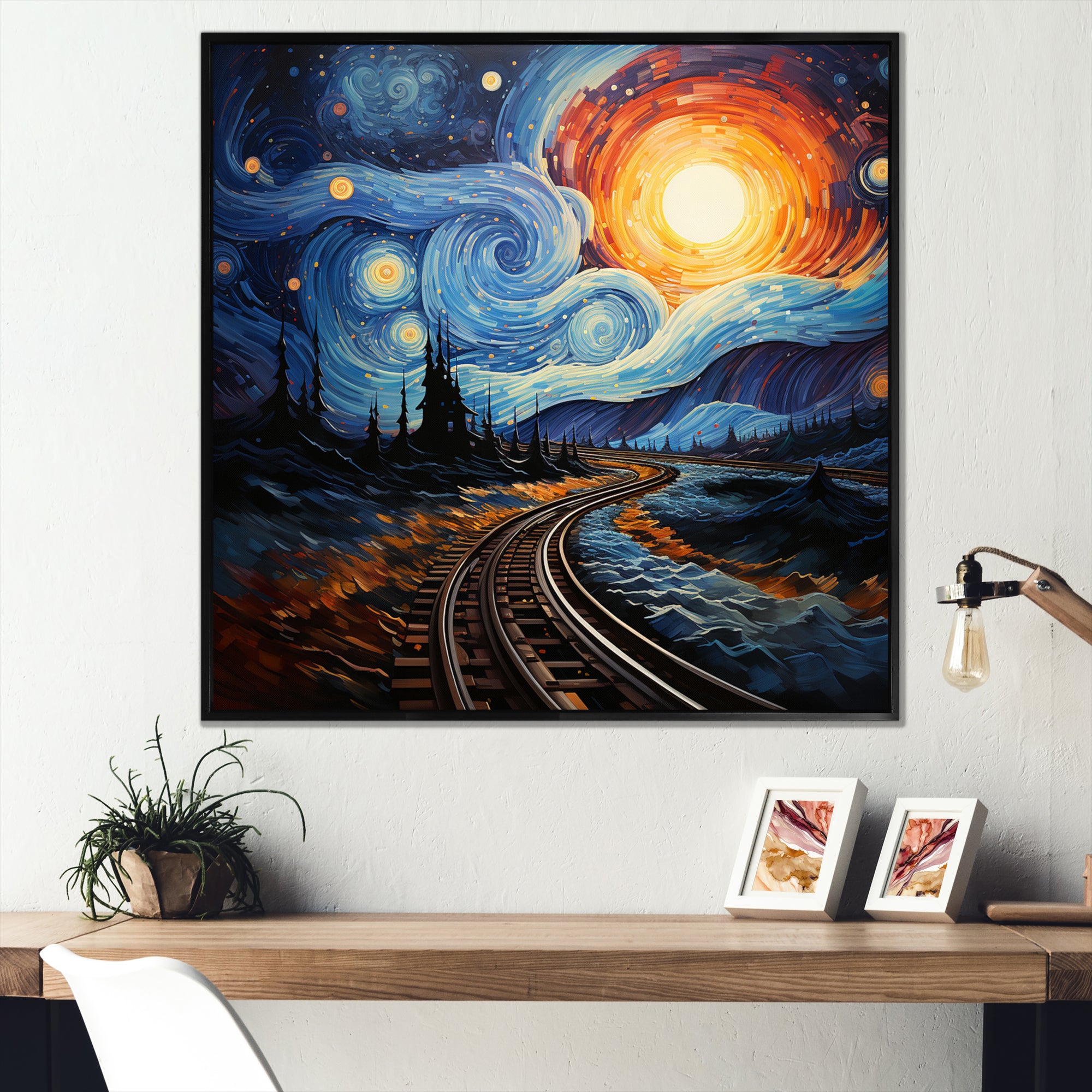 Blue Yellow Train Cosmic Rails - Train Canvas Wall Art