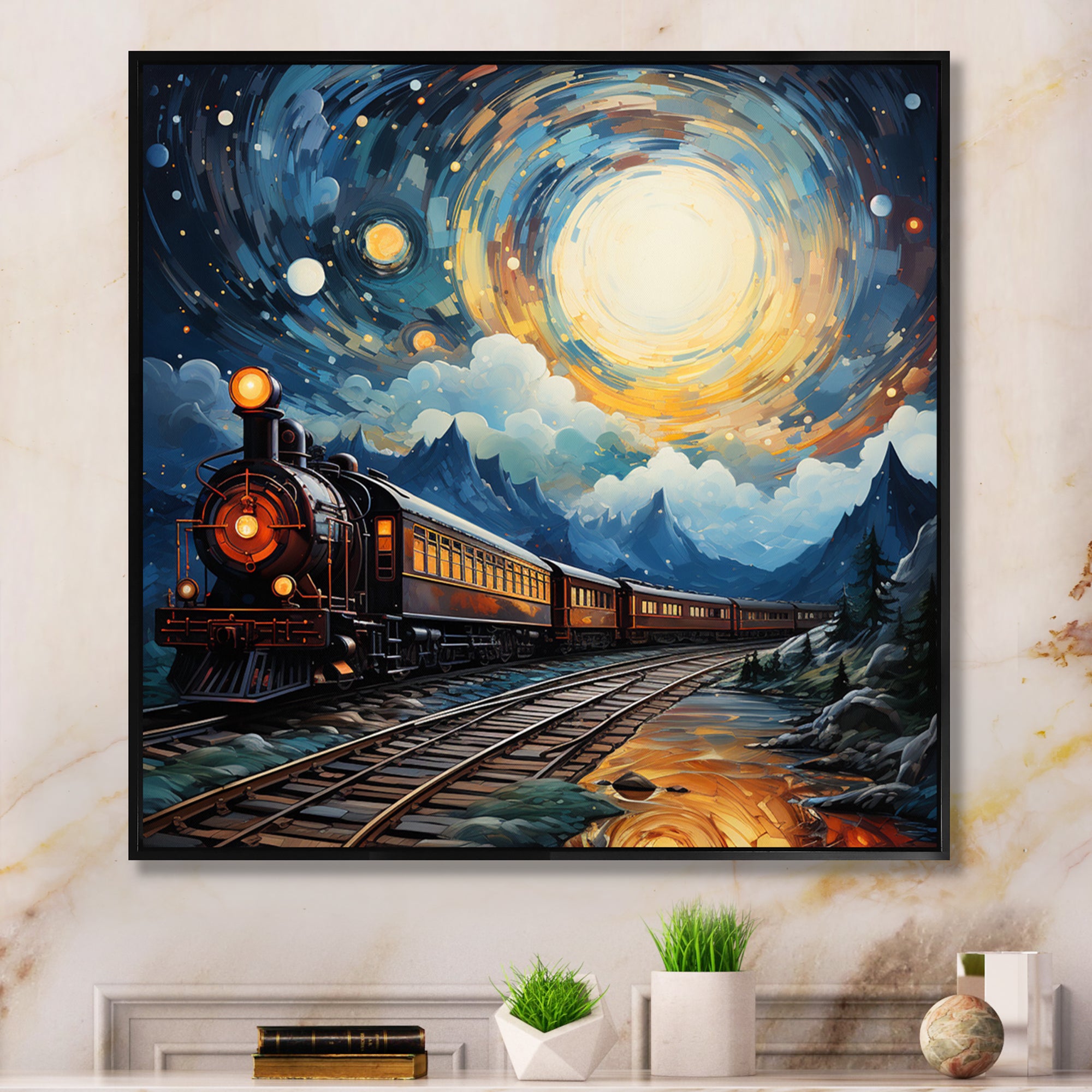 Yellow Blue Train Cosmic Rails - Train Canvas Wall Art