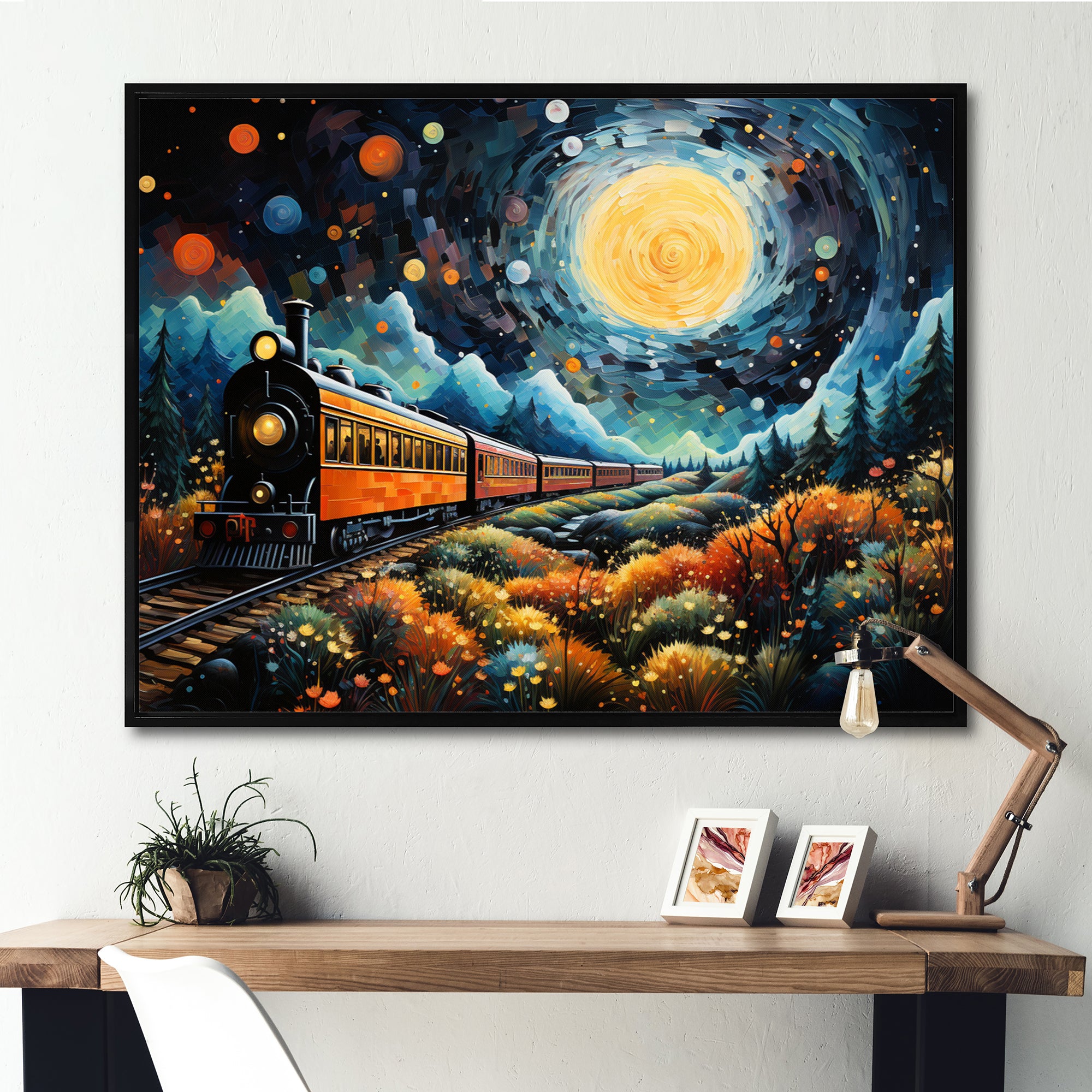 Yellow Train Enchanted Journey Pointillism - Train Canvas Wall Art