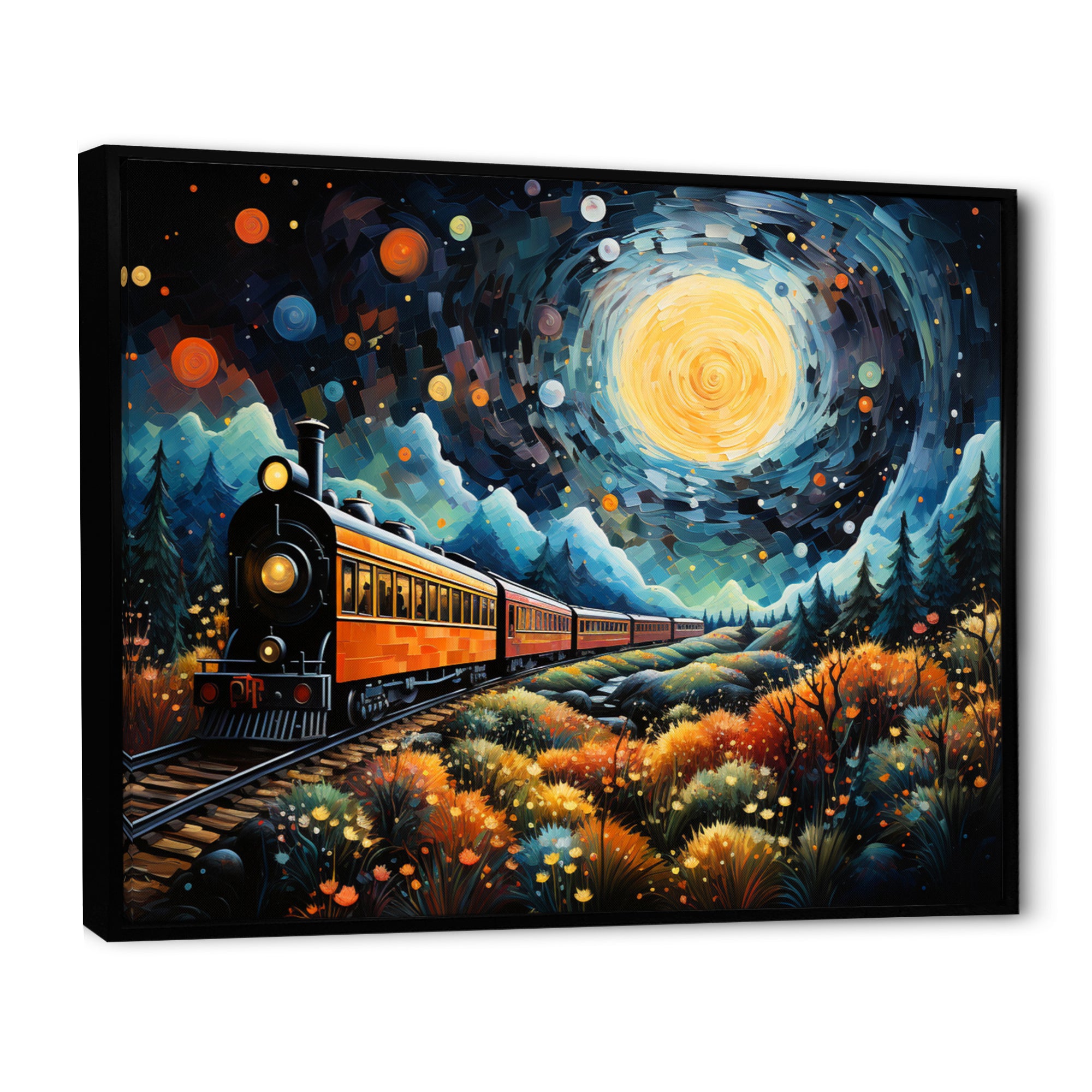 Yellow Train Enchanted Journey Pointillism - Train Canvas Wall Art