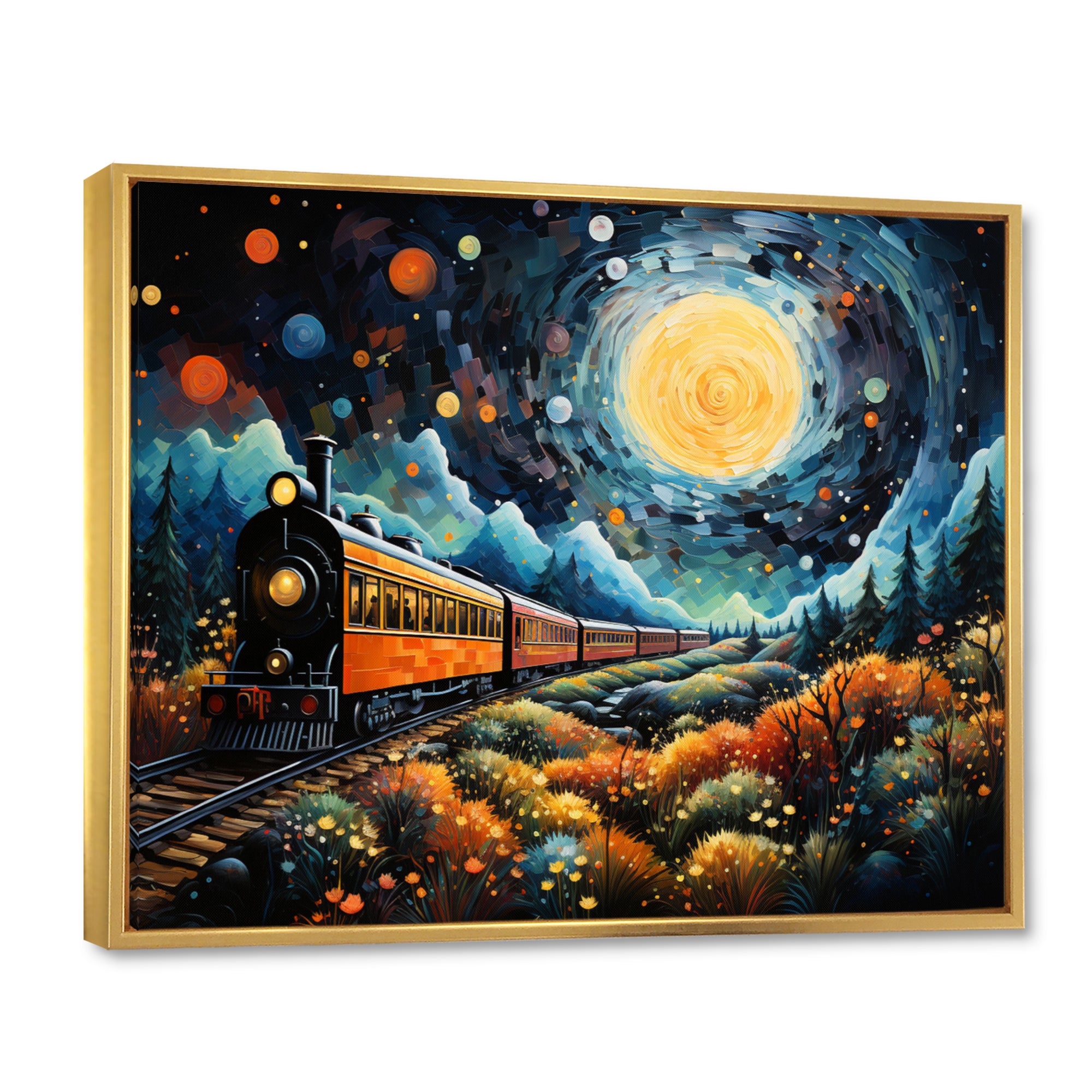 Yellow Train Enchanted Journey Pointillism - Train Canvas Wall Art