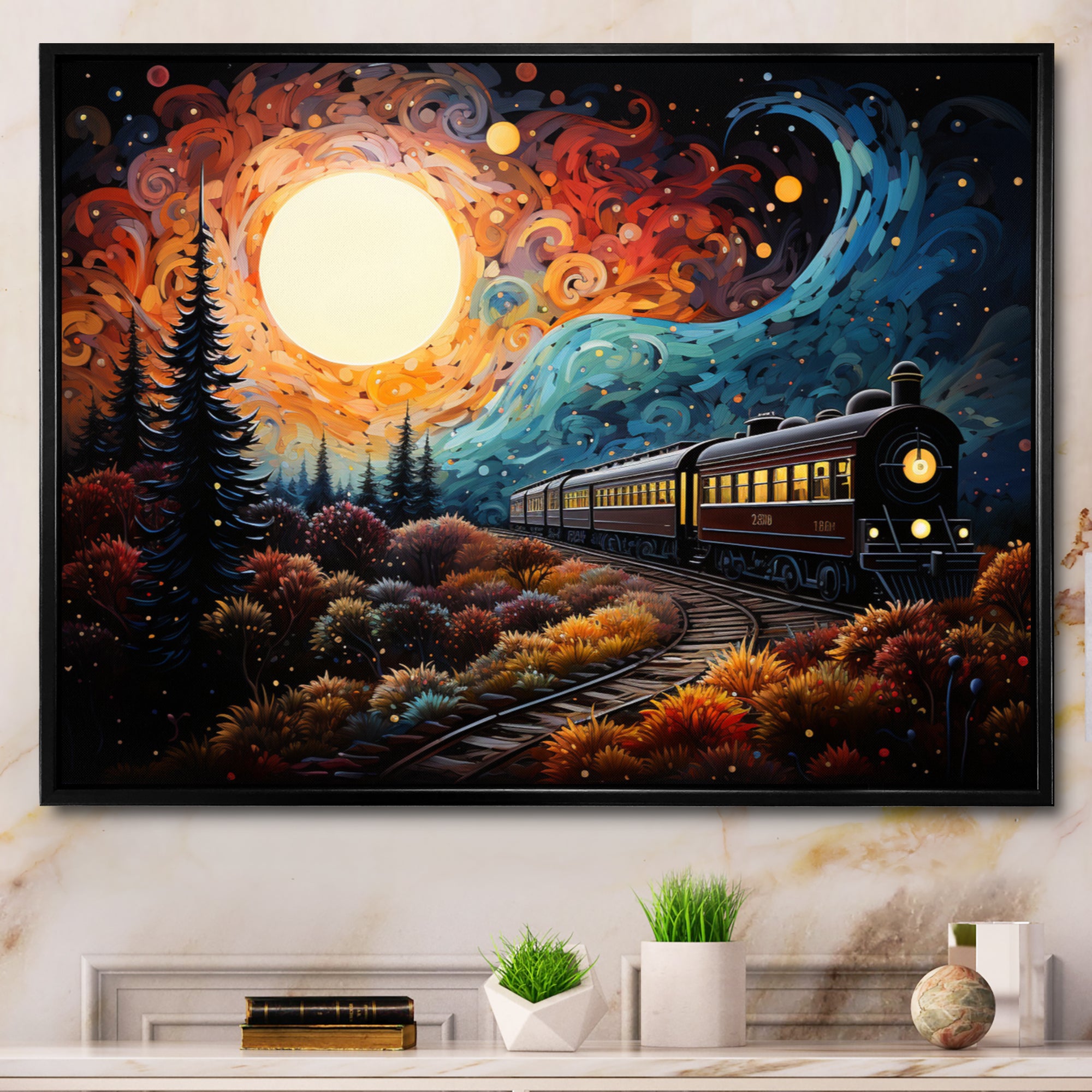 Train Enchanted Journey Pointillism - Train Canvas Wall Art