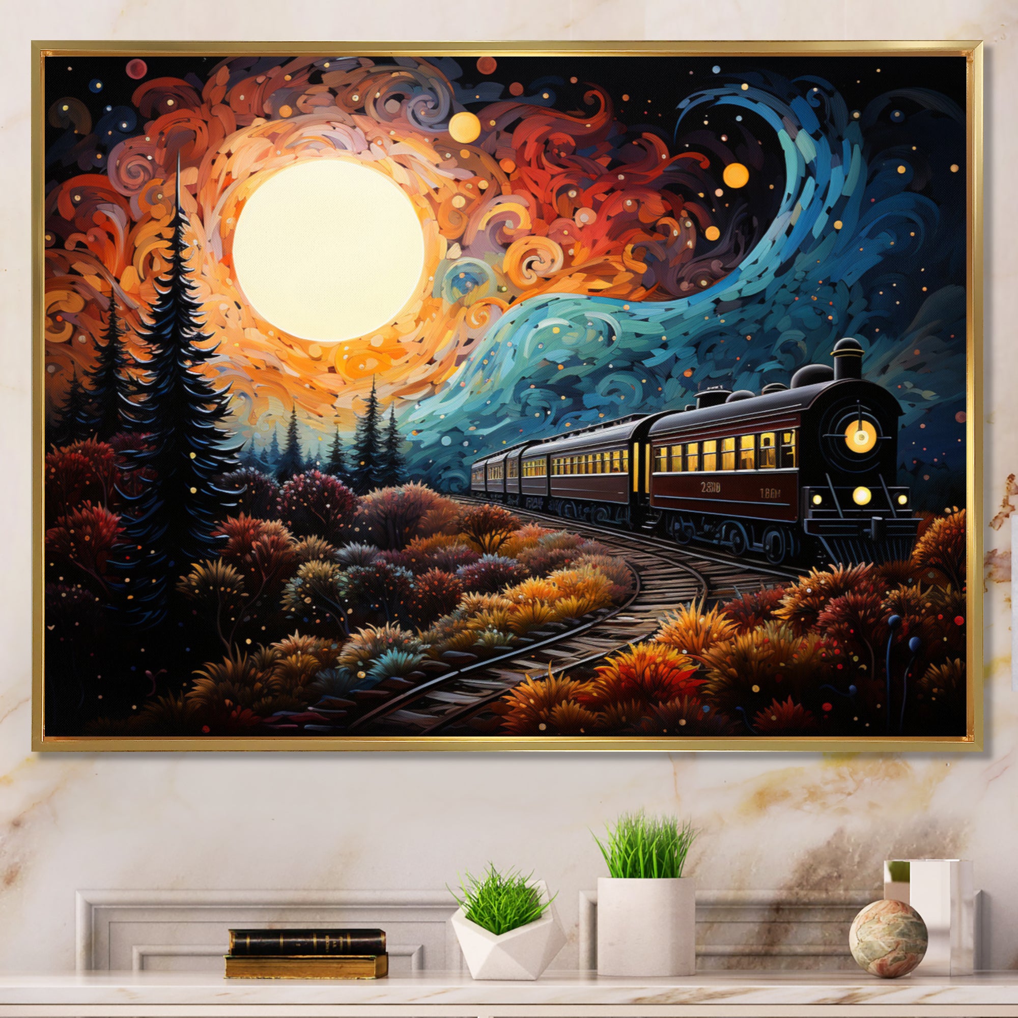Train Enchanted Journey Pointillism - Train Canvas Wall Art