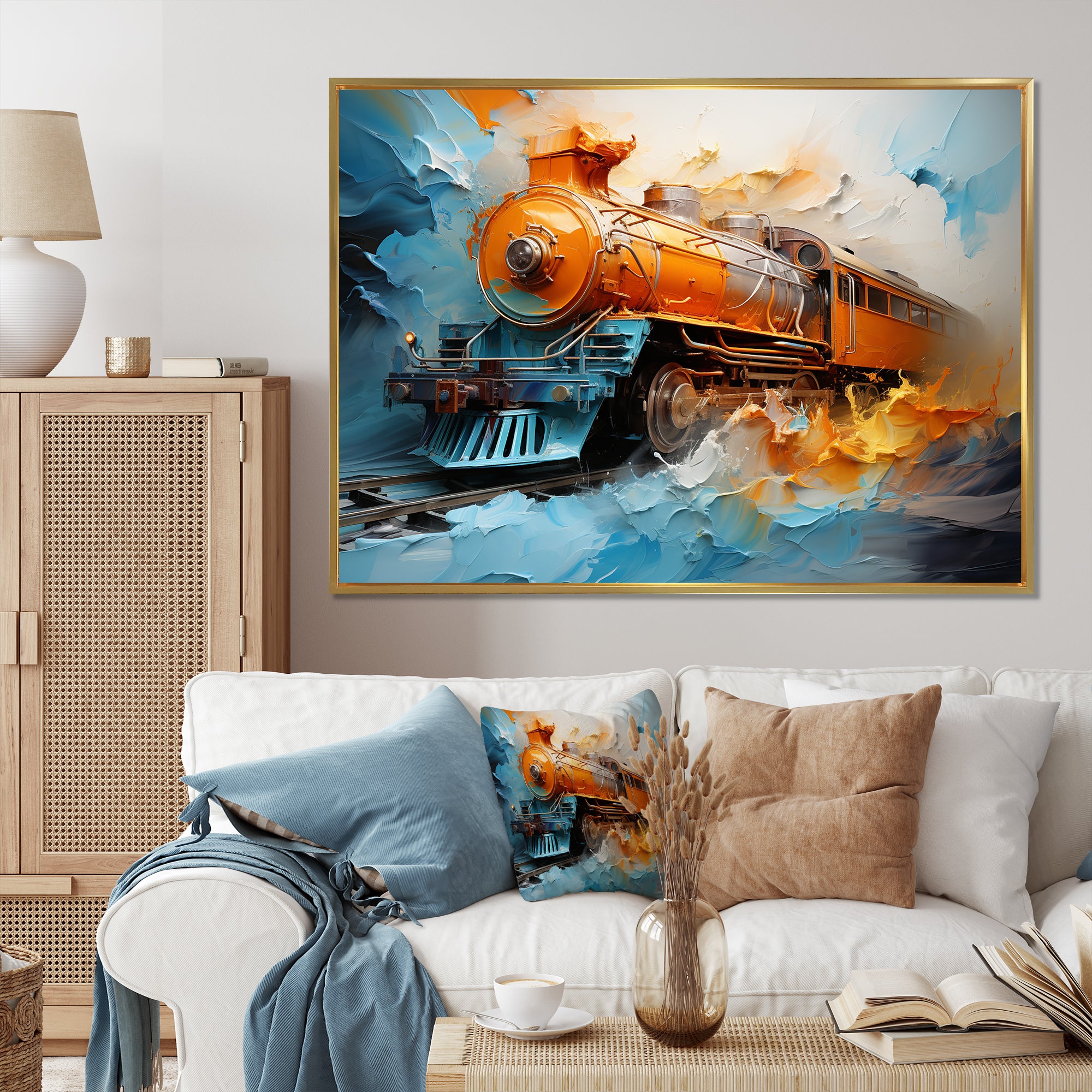 Abstract Orange Train Fluid Motion - Train Canvas Wall Art