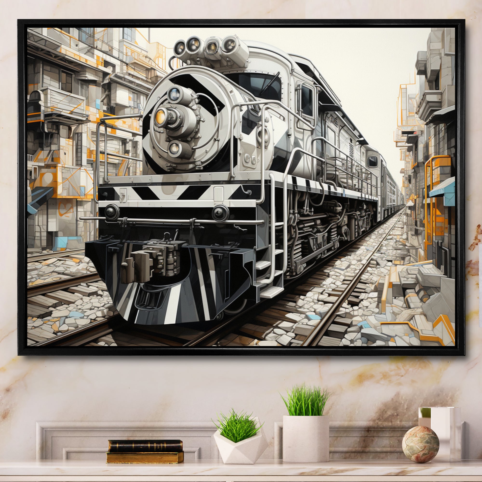 Grey Train Geometric Momentum - Train Canvas Wall Art