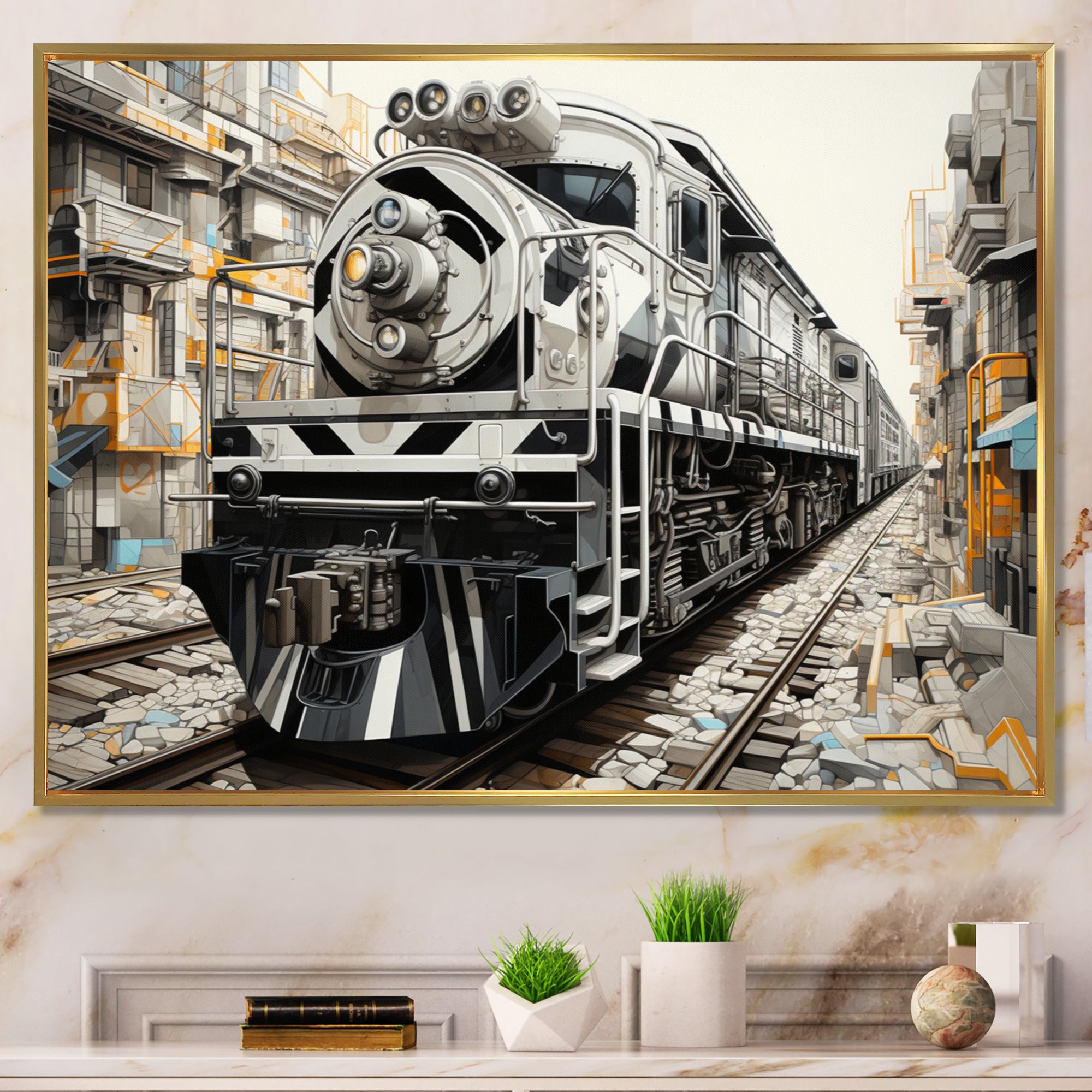 Grey Train Geometric Momentum - Train Canvas Wall Art