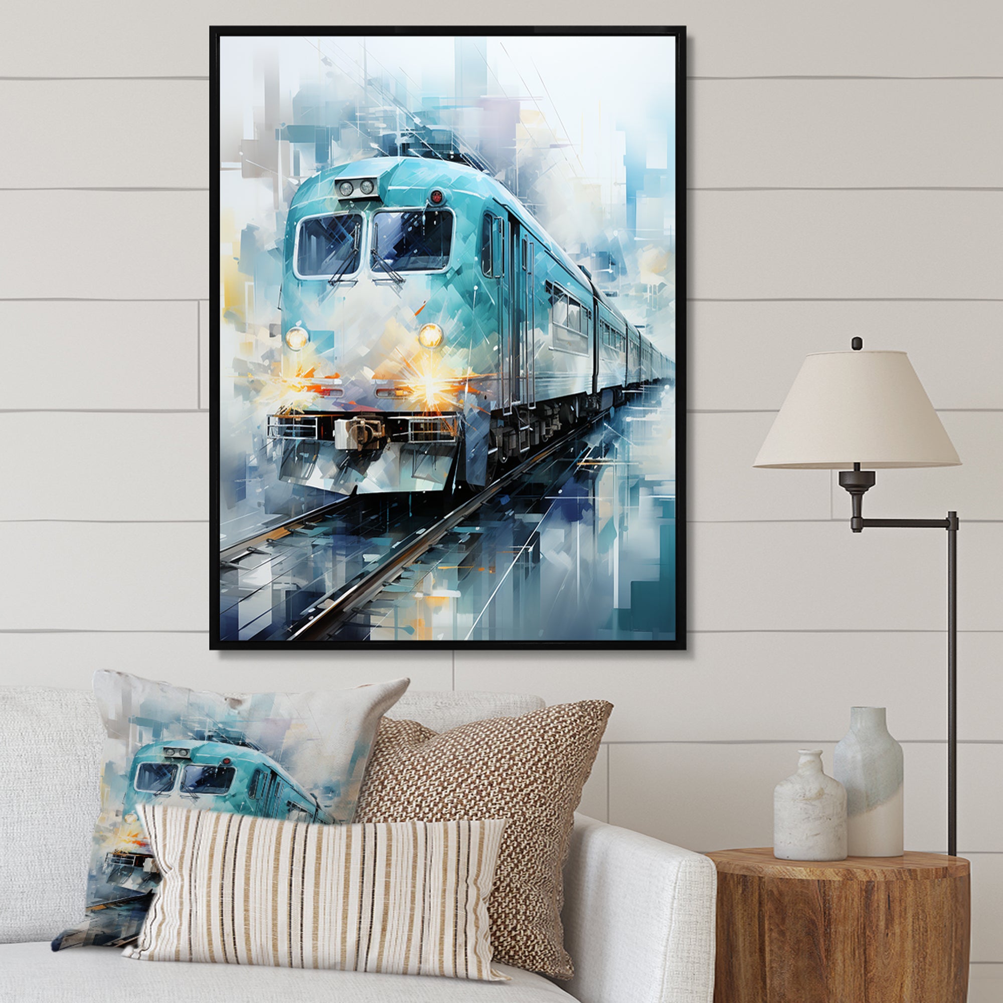 Teal Train Geometric Momentum I - Train Canvas Wall Art