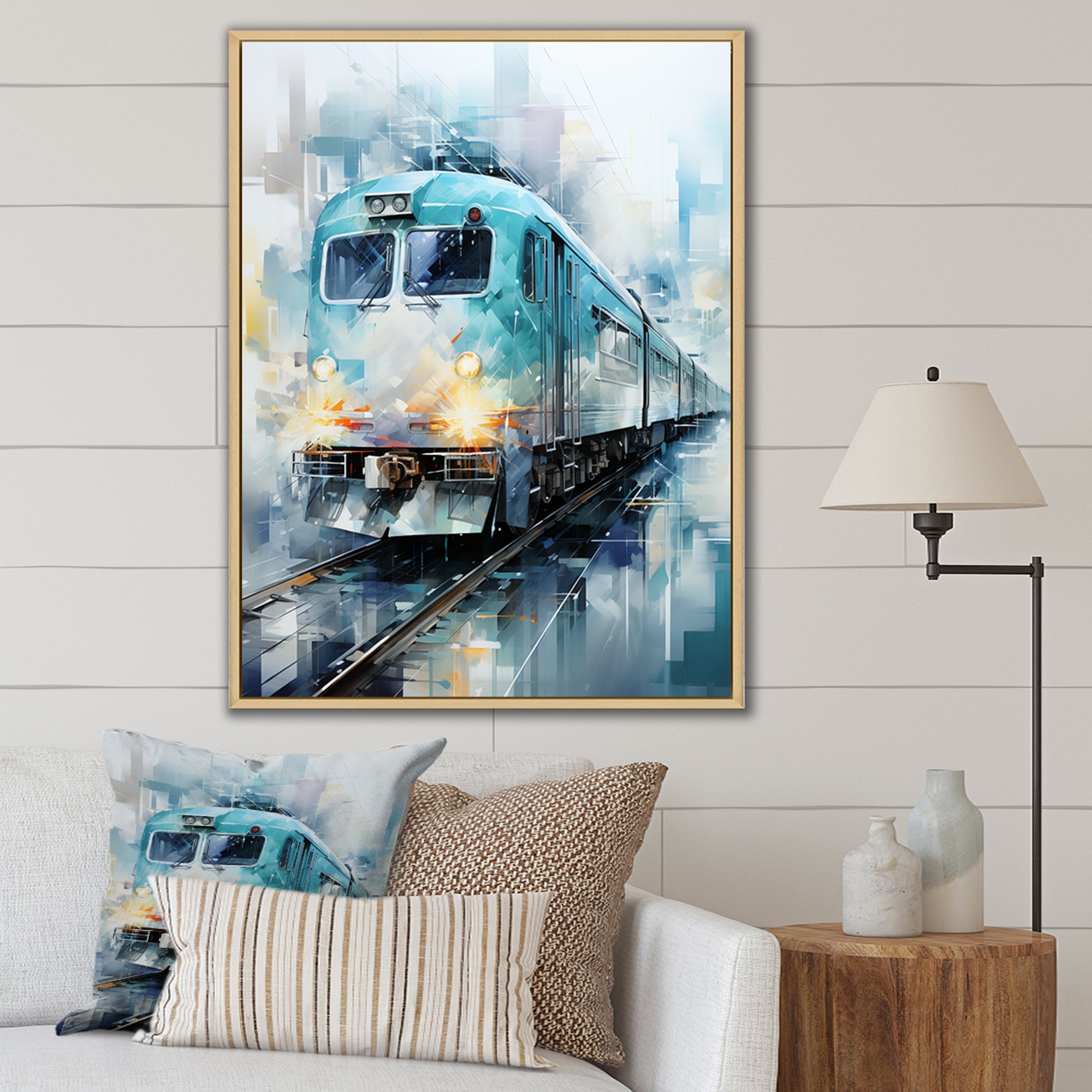 Teal Train Geometric Momentum I - Train Canvas Wall Art