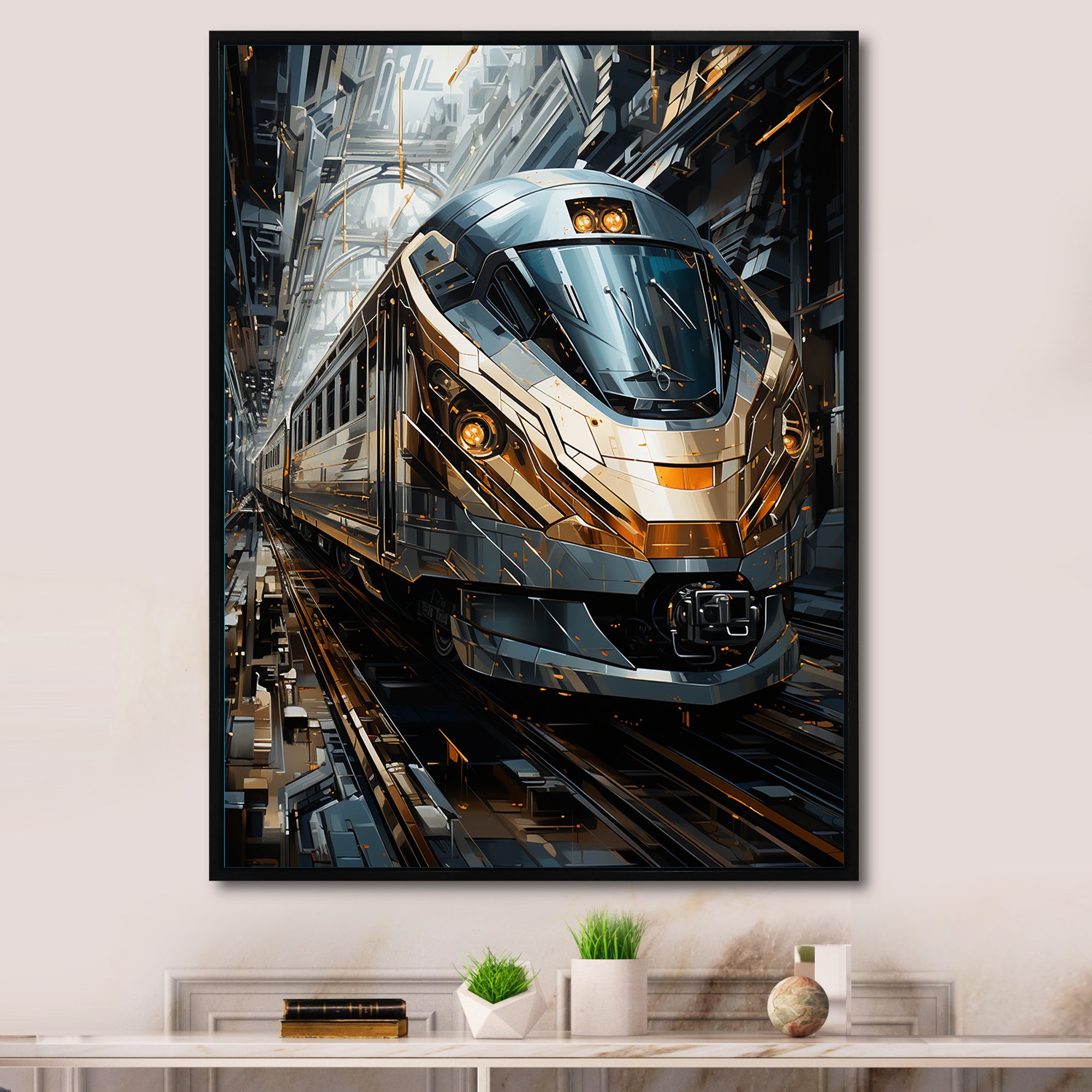 Golden Train Geometric Momentum I - Train Canvas Wall Art