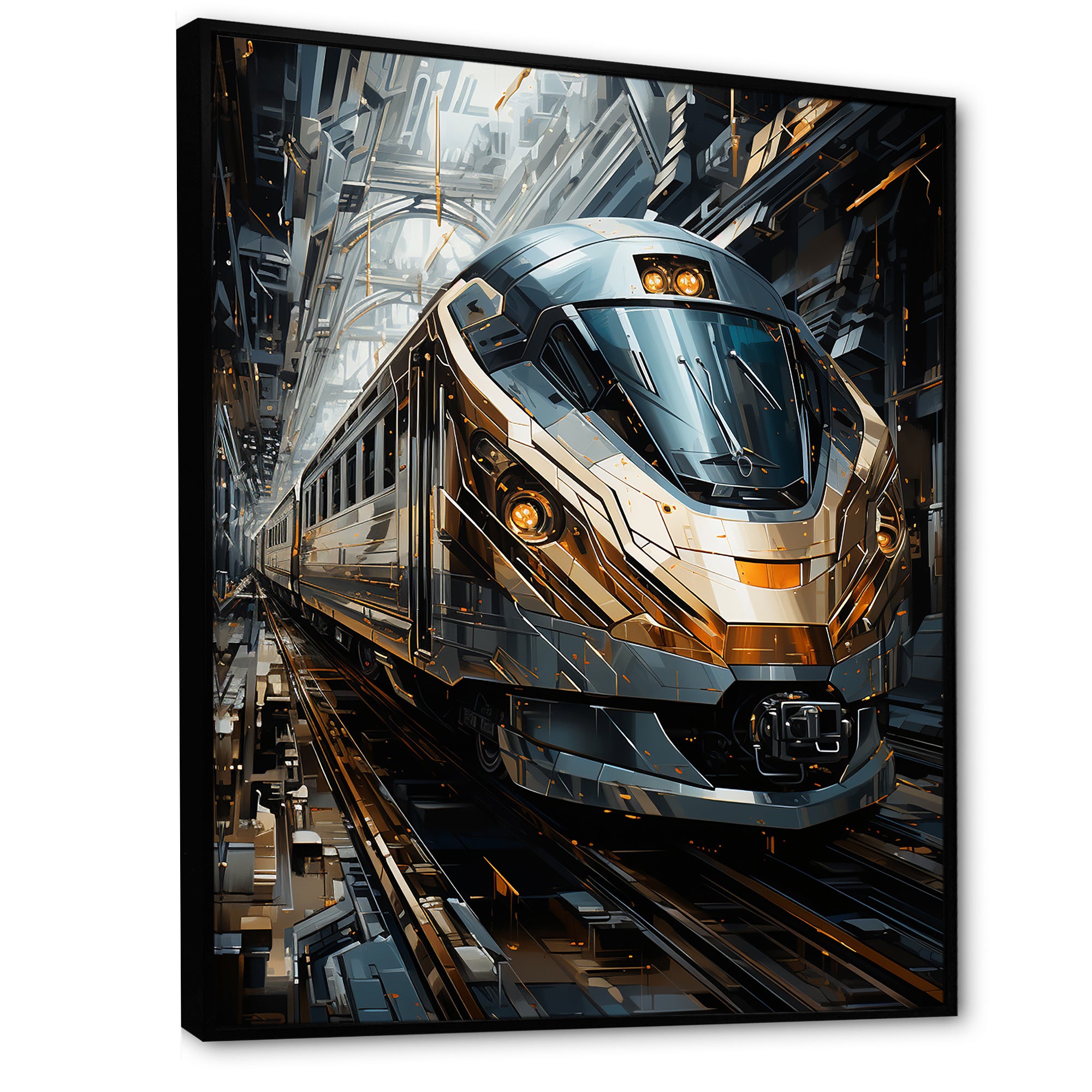 Golden Train Geometric Momentum I - Train Canvas Wall Art