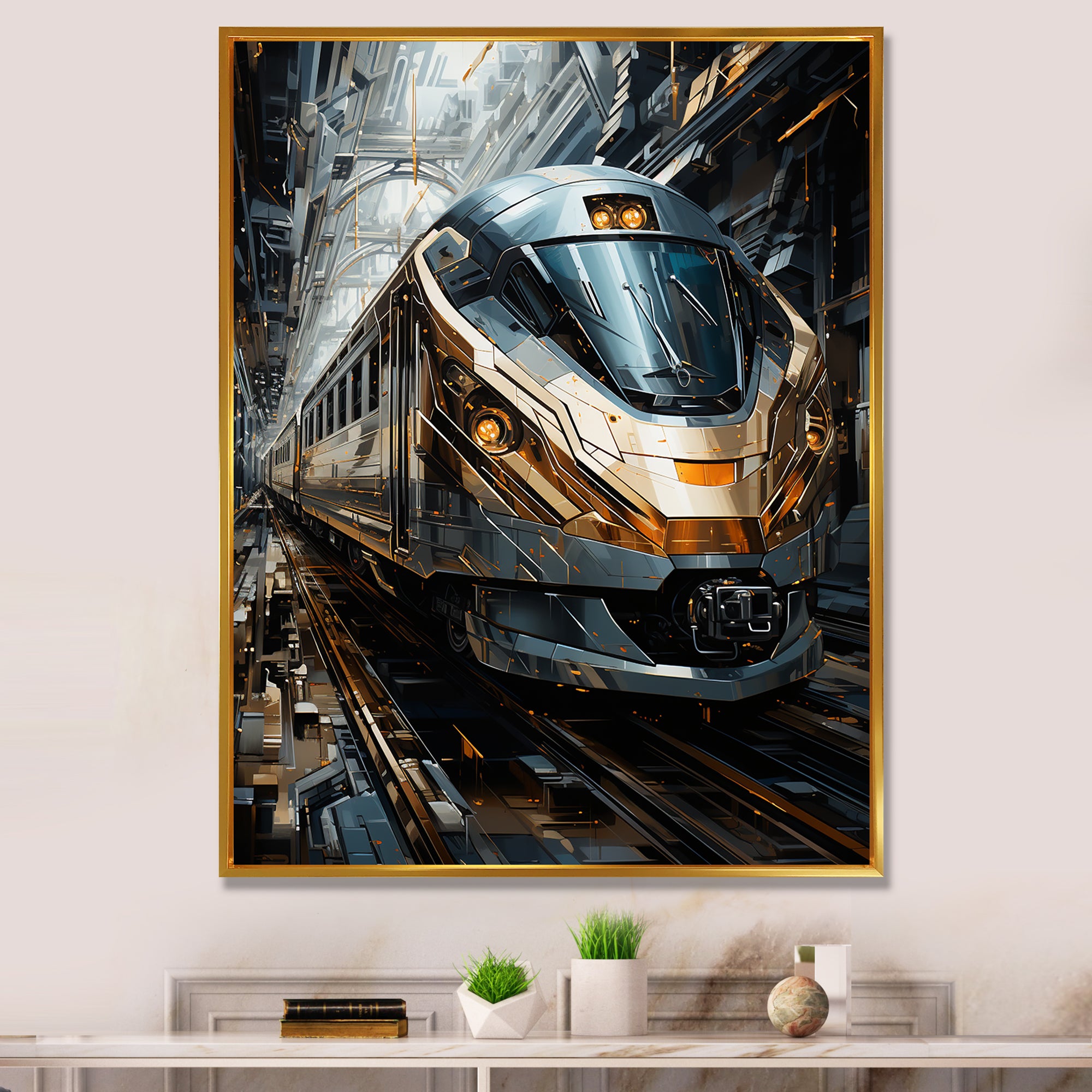 Golden Train Geometric Momentum I - Train Canvas Wall Art