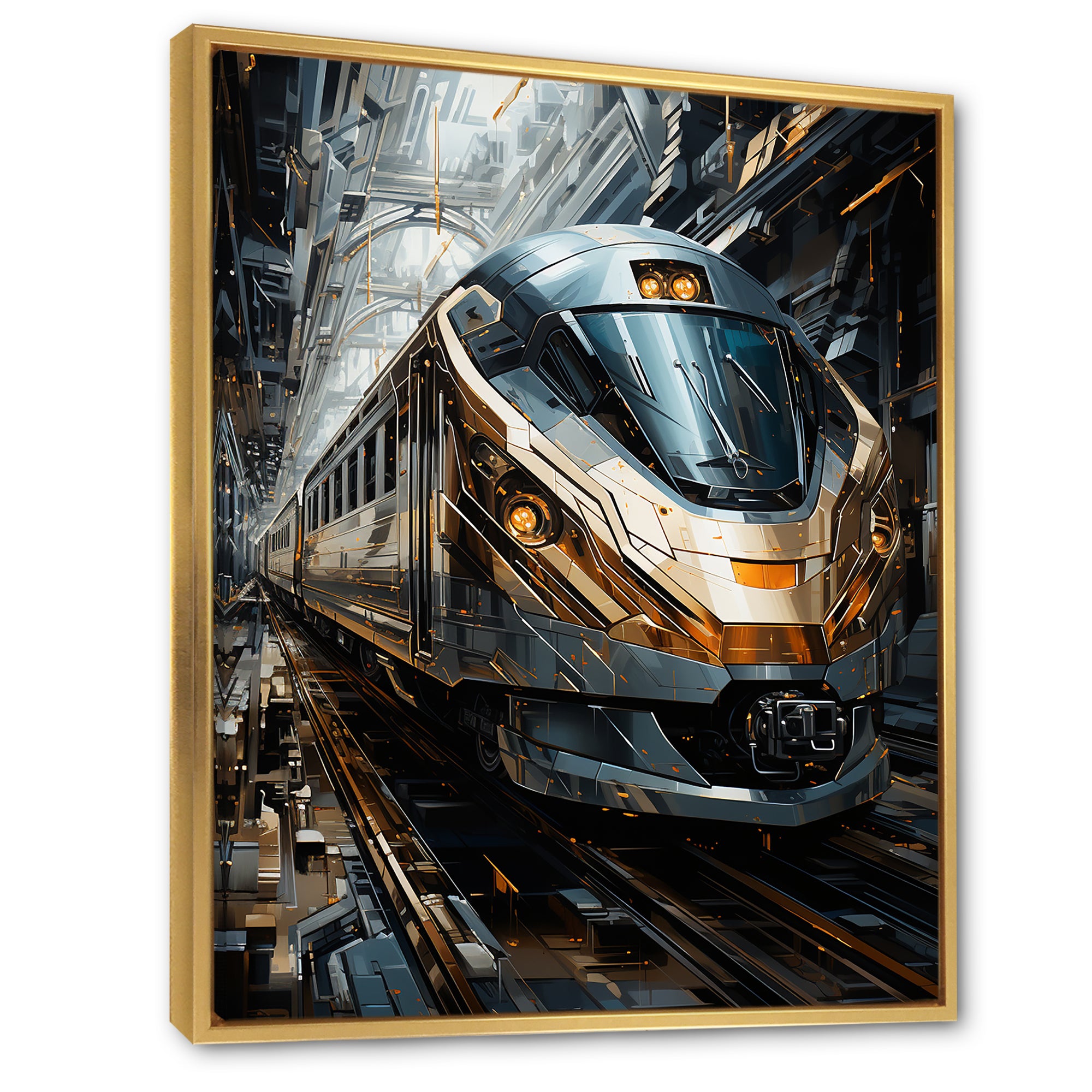 Golden Train Geometric Momentum I - Train Canvas Wall Art
