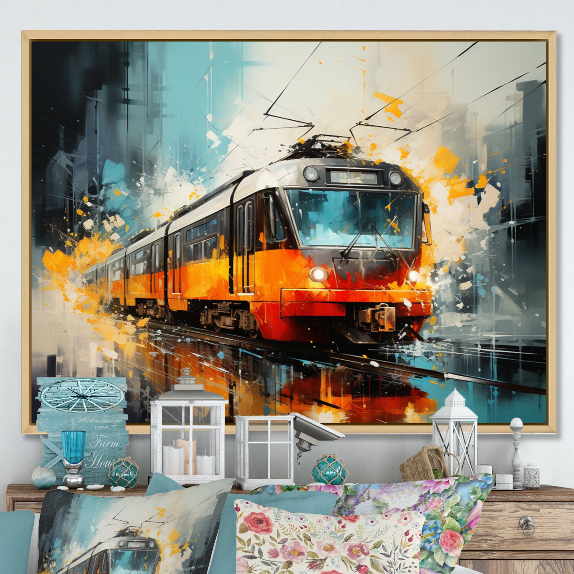 Orange Train Harmonious Contrasts - Train Canvas Wall Art