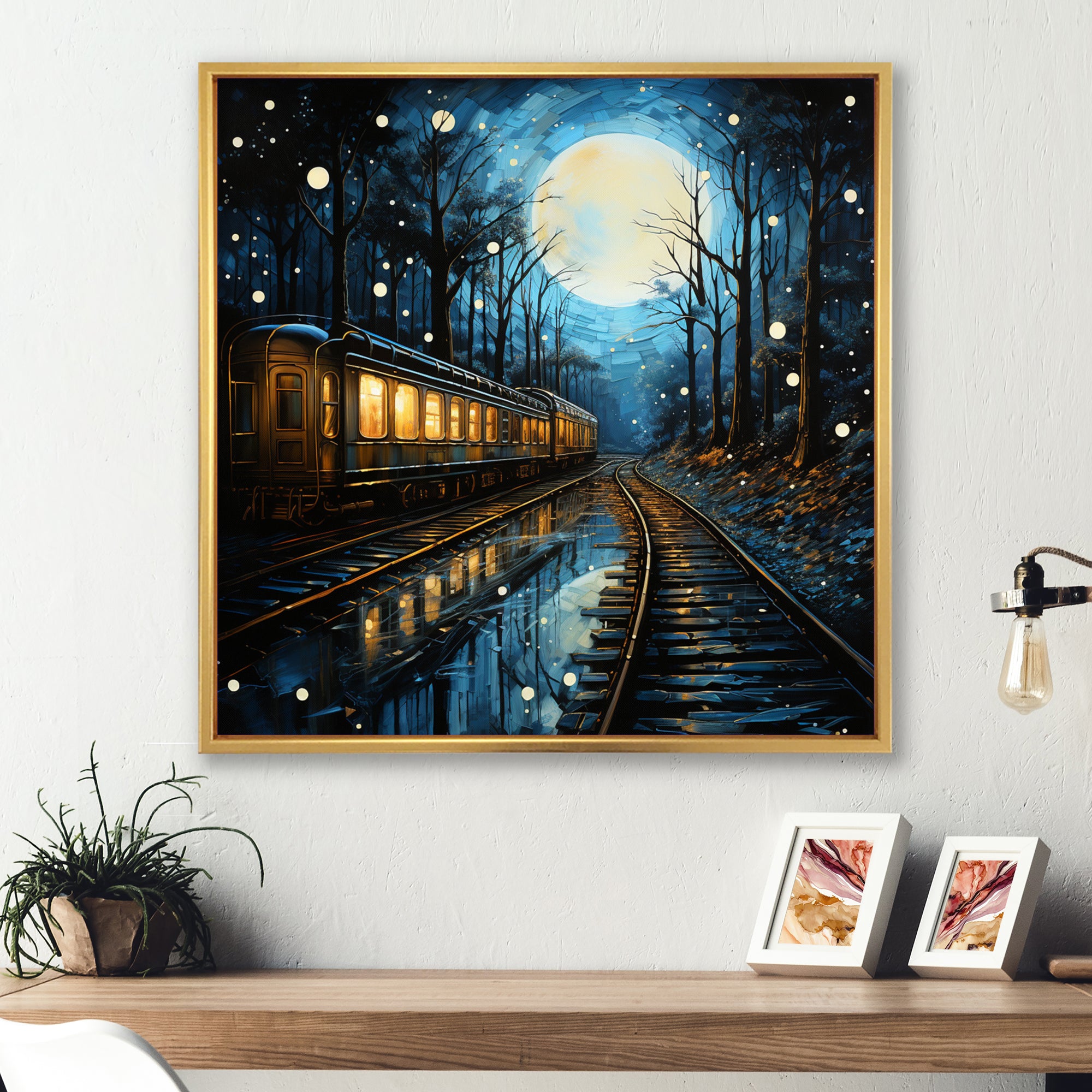 Train Luminous Trails Pointillism - Train Canvas Wall Art