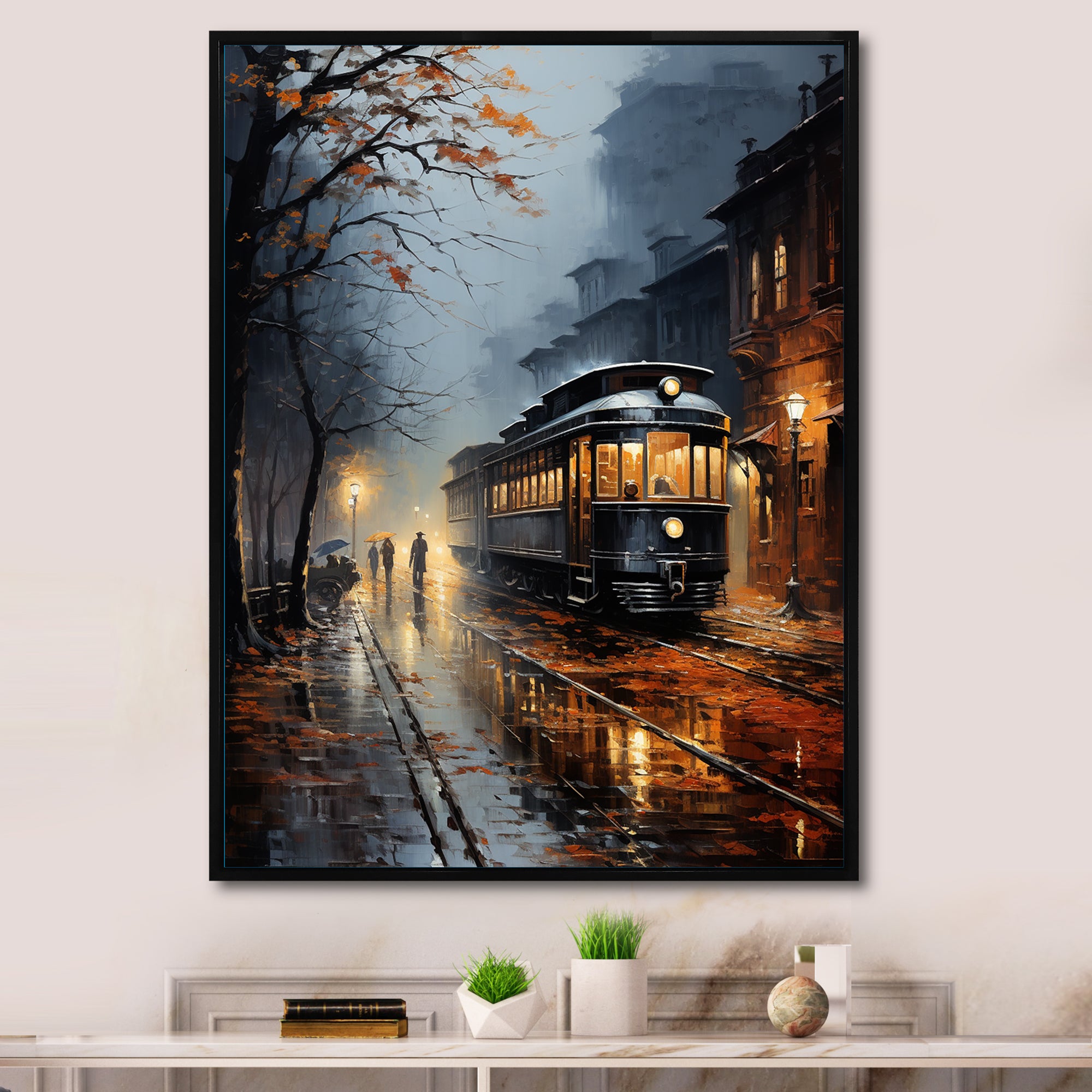 Train Misty Morning Pointillism I - Train Canvas Wall Art