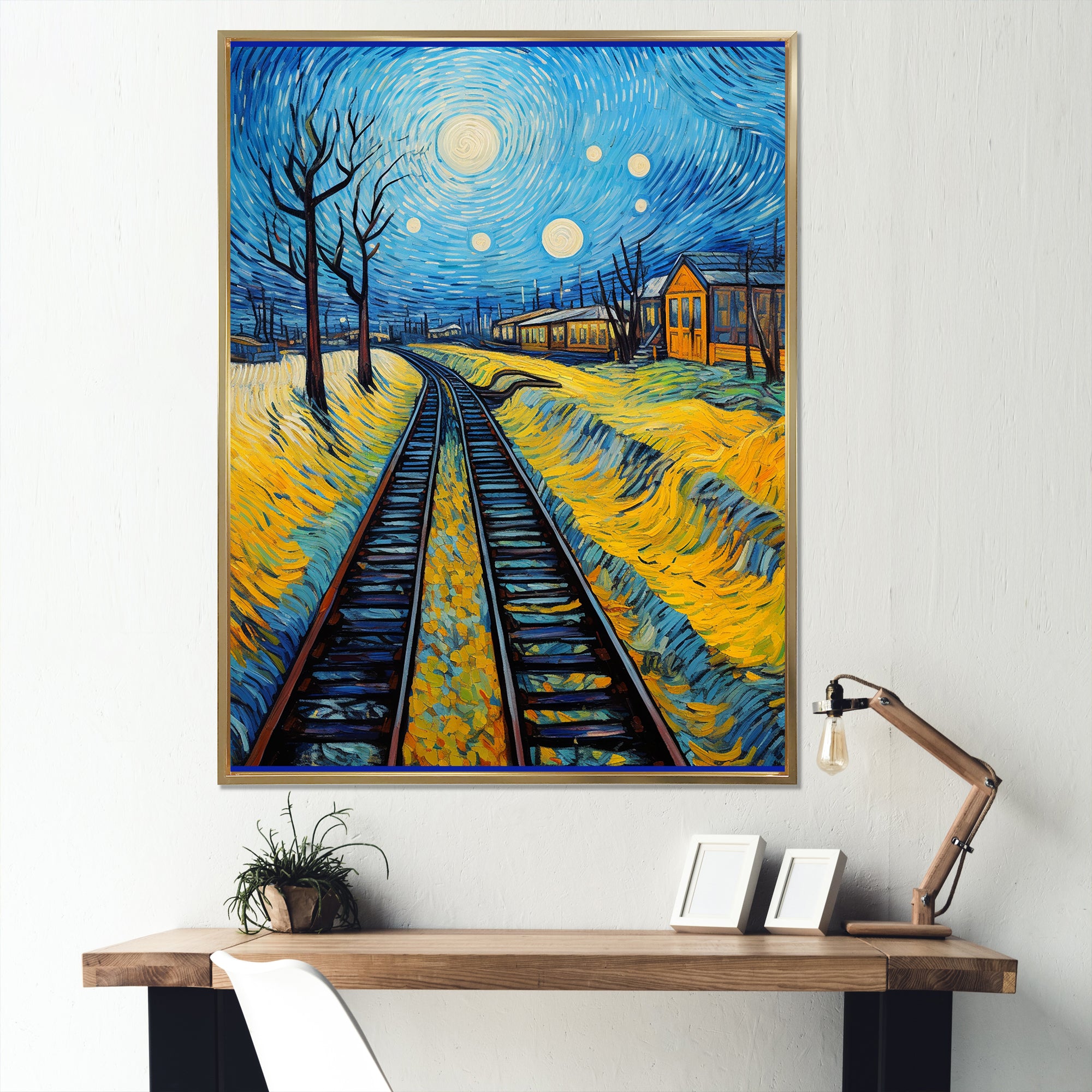 Yellow Grass Train Rails - Train Canvas Wall Art