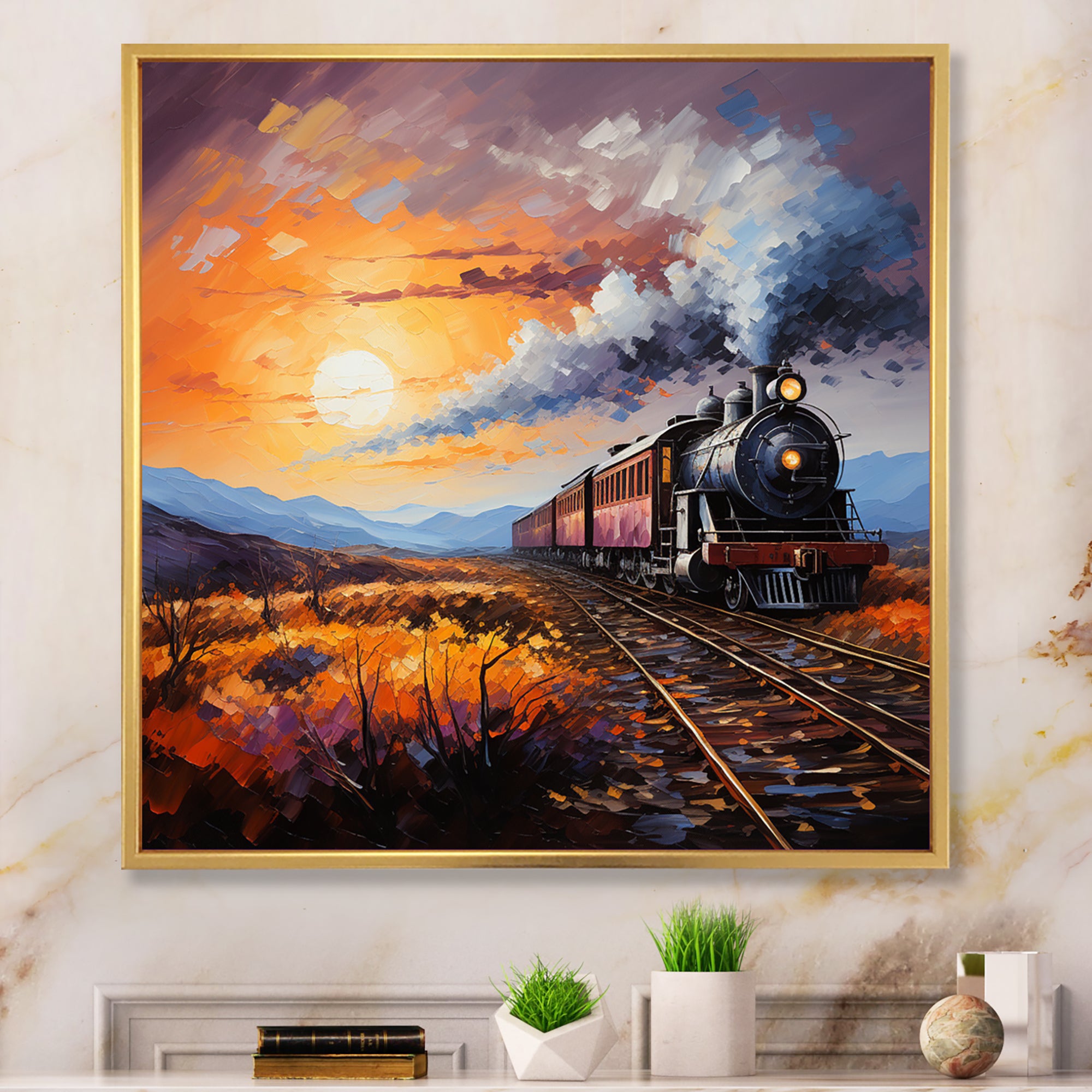 Abstract Train Sunset Express Pointillism I - Train Canvas Wall Art