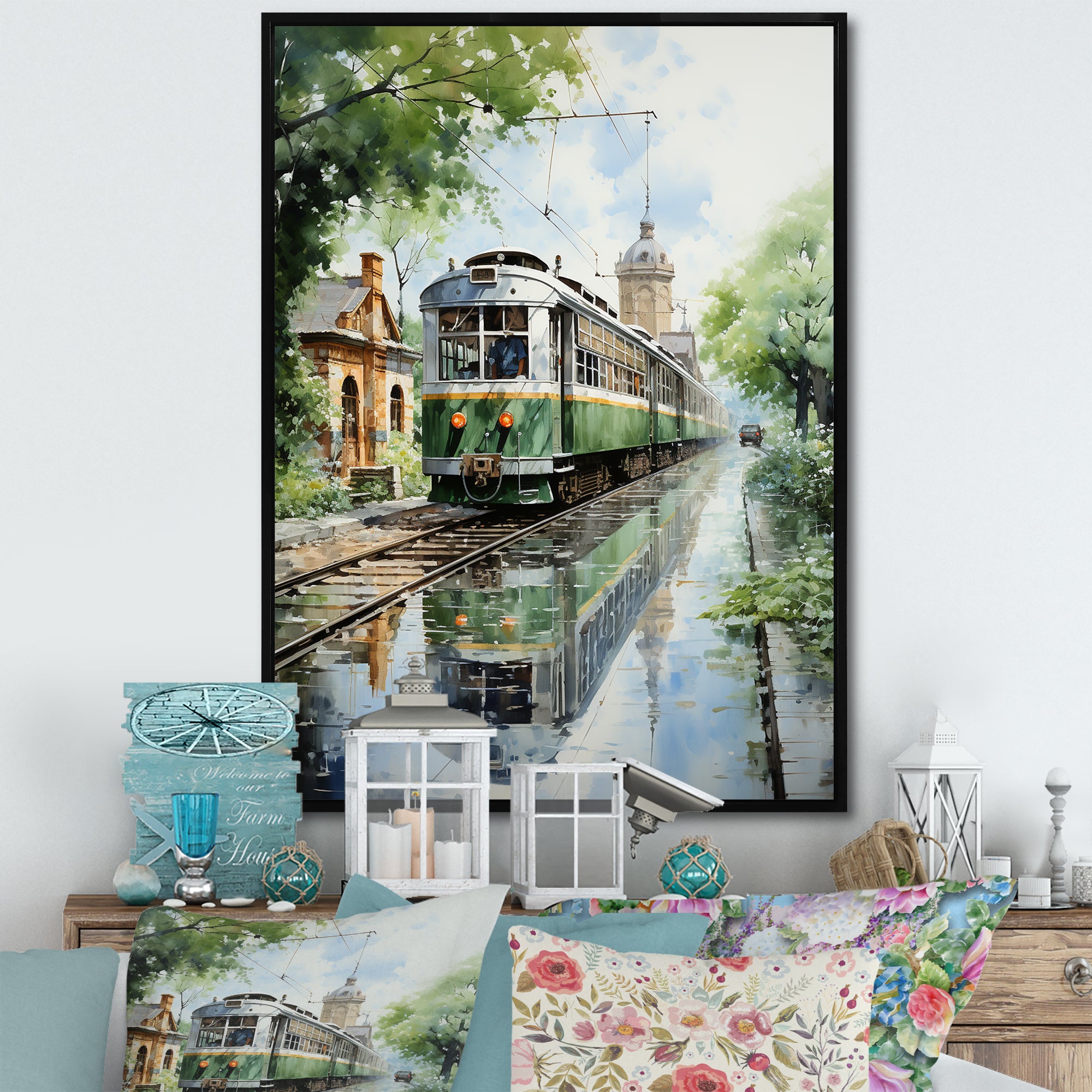 Tranquil Train Retreat Pointillism - Train Canvas Wall Art