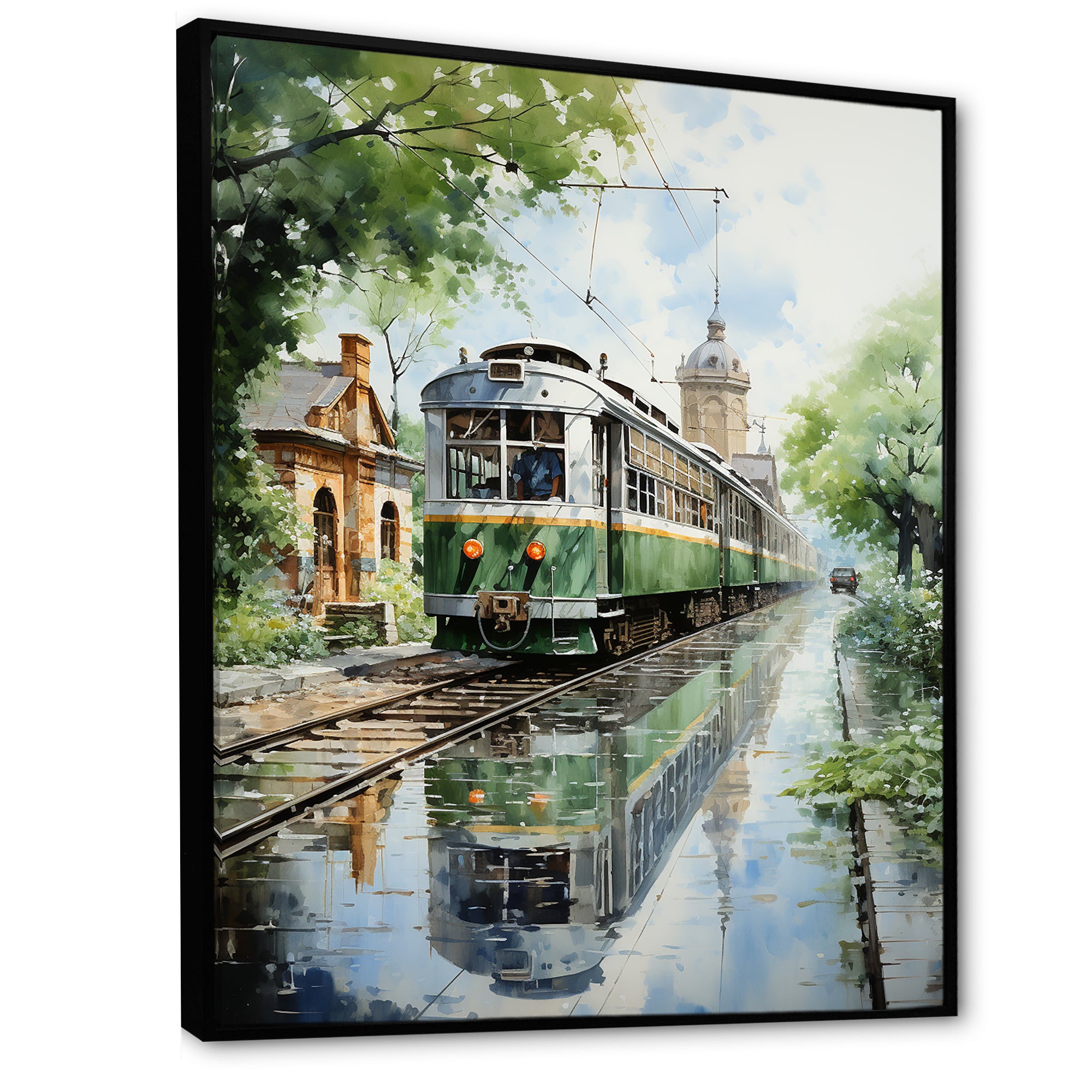 Tranquil Train Retreat Pointillism - Train Canvas Wall Art