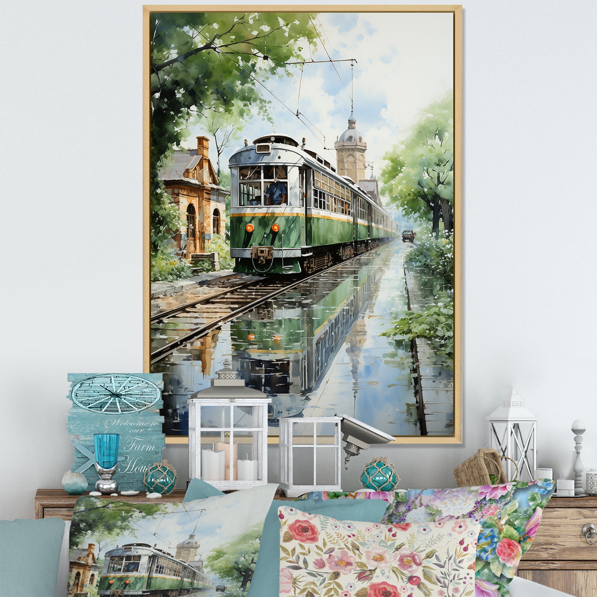 Tranquil Train Retreat Pointillism - Train Canvas Wall Art