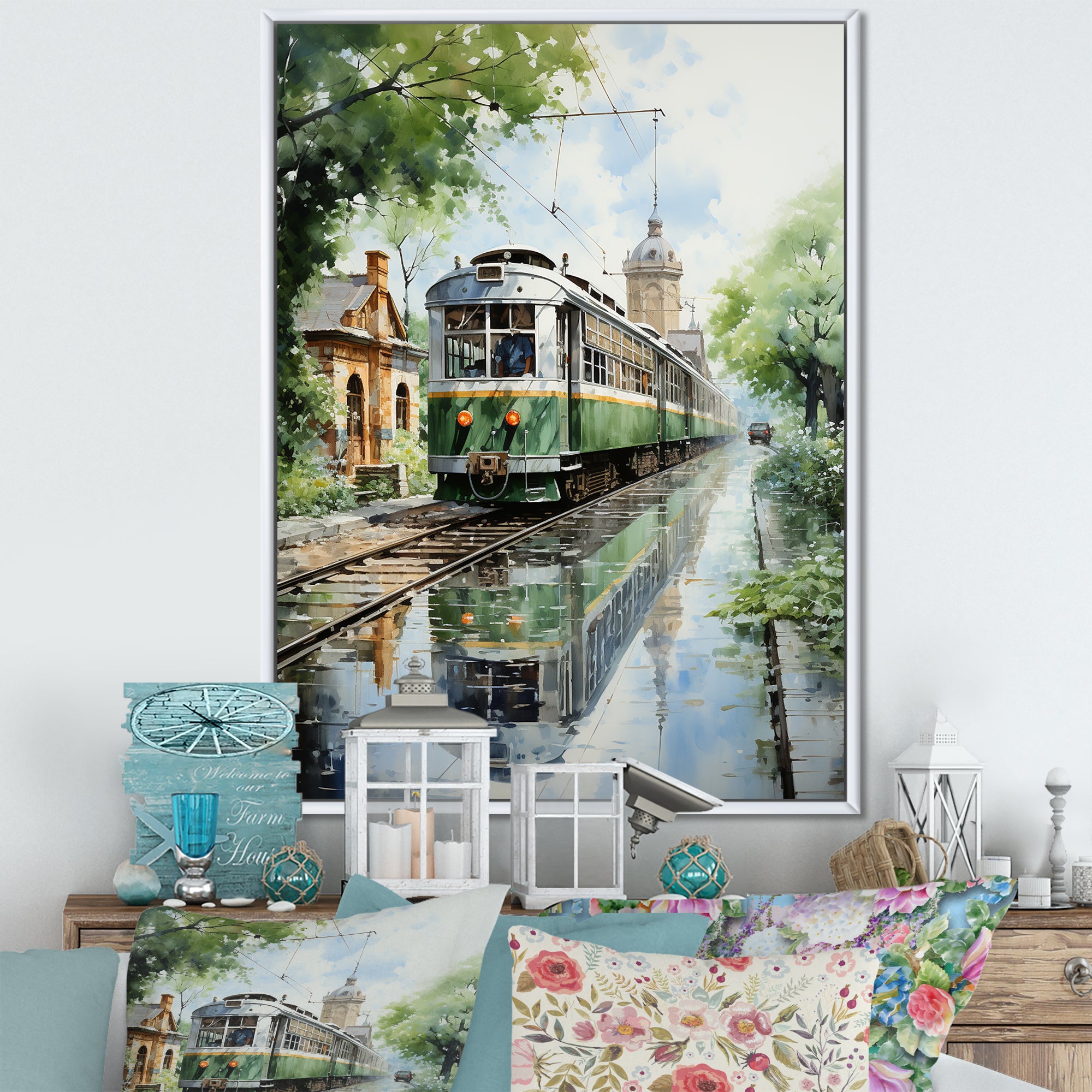 Tranquil Train Retreat Pointillism - Train Canvas Wall Art