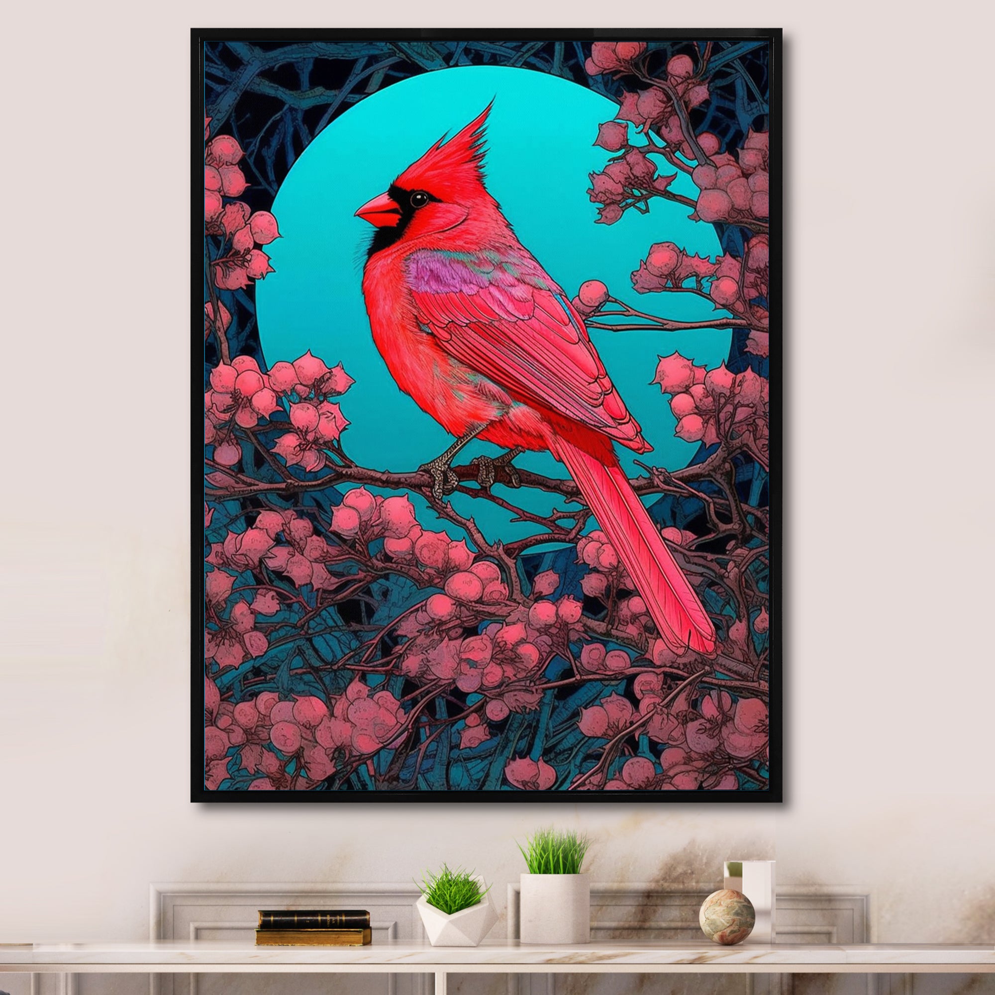 Red Cardinal Bird Under Full Moon - Bird Framed Canvas Art