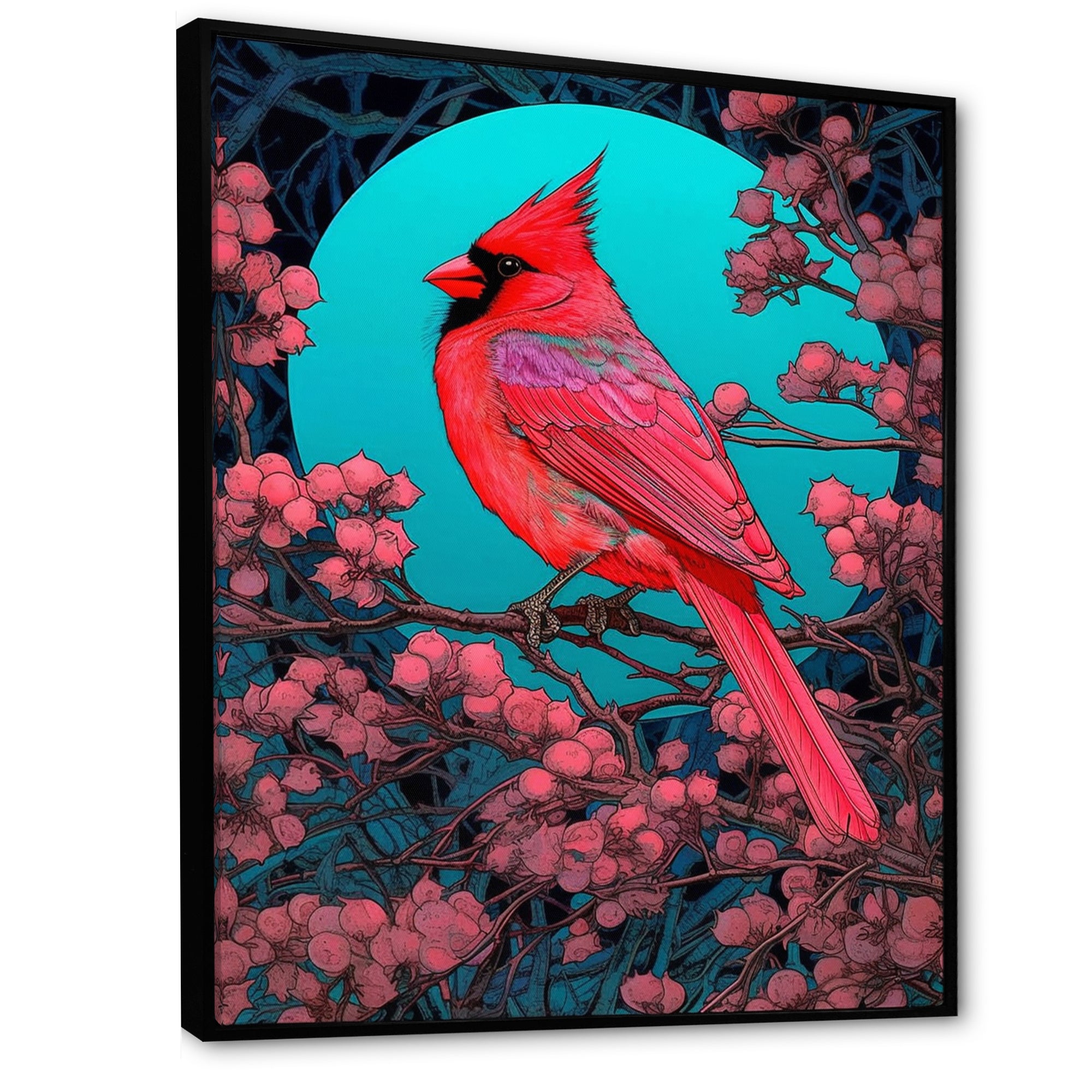 Red Cardinal Bird Under Full Moon - Bird Framed Canvas Art